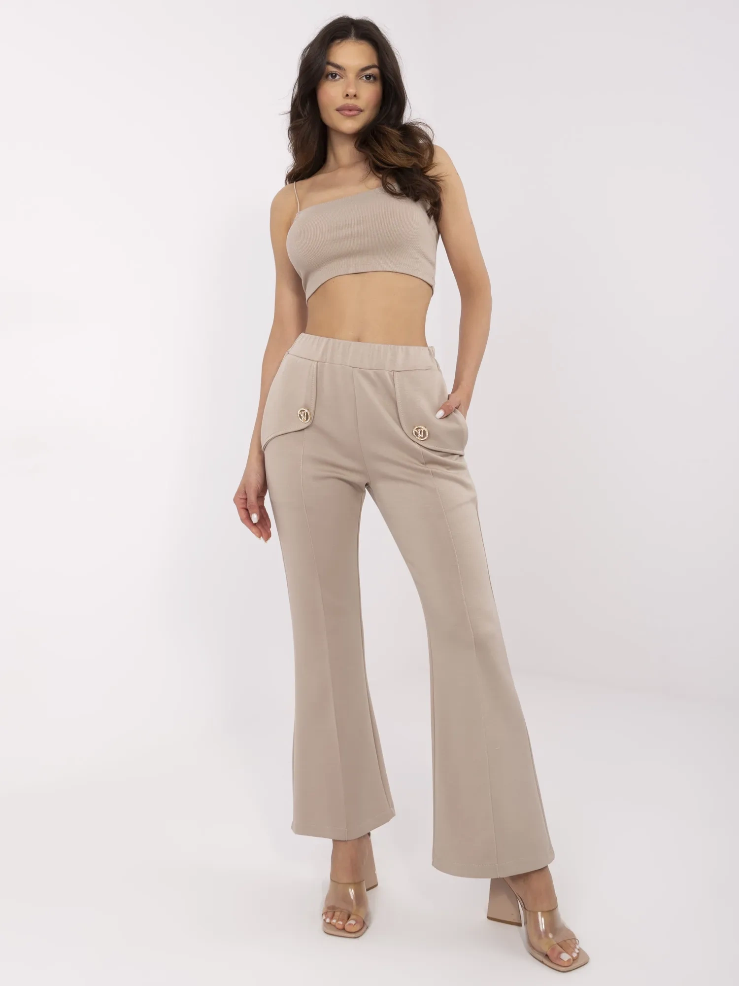 Pantaloni Dama Lejera, Guler inalt, ITALY MODA, Bej Eleganta Office - imagine 5