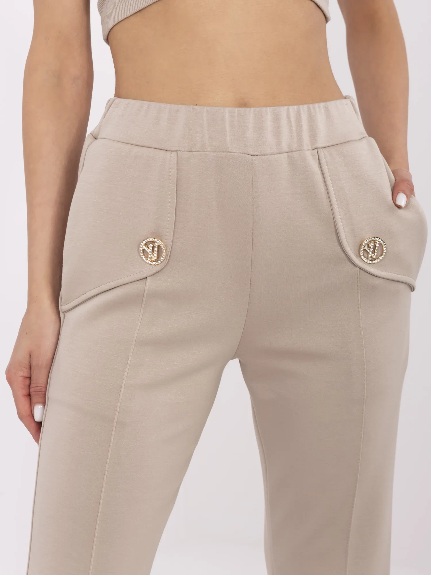 Pantaloni Dama Lejera, Guler inalt, ITALY MODA, Bej Eleganta Office - imagine 4