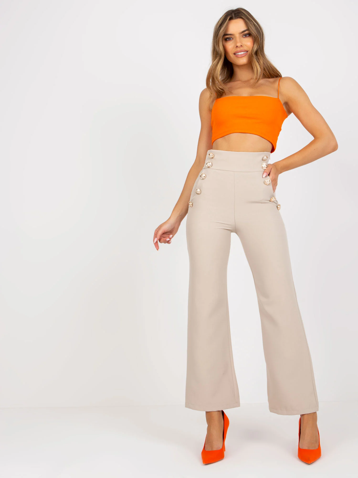 Pantaloni Dama Elegant, Guler inalt, ITALY MODA, Bej de Petrecere Marimi Mari - imagine 6