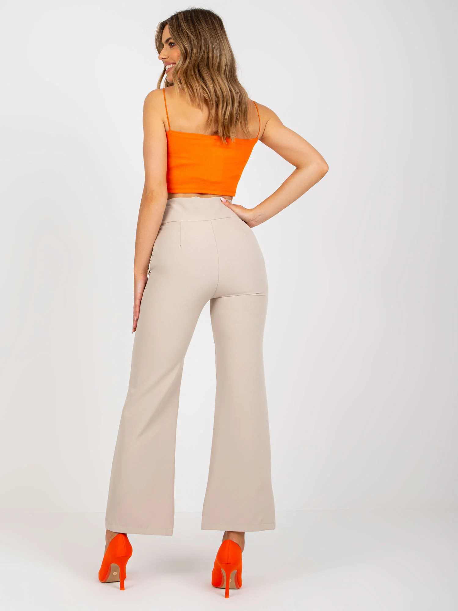 Pantaloni Dama Elegant, Guler inalt, ITALY MODA, Bej de Petrecere Marimi Mari - imagine 2