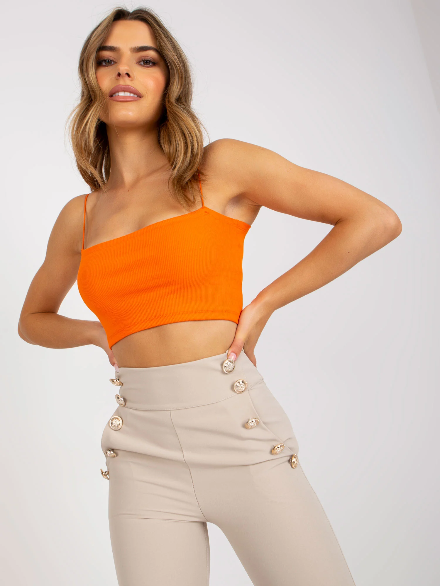 Pantaloni Dama Elegant, Guler inalt, ITALY MODA, Bej de Petrecere Marimi Mari - imagine 5