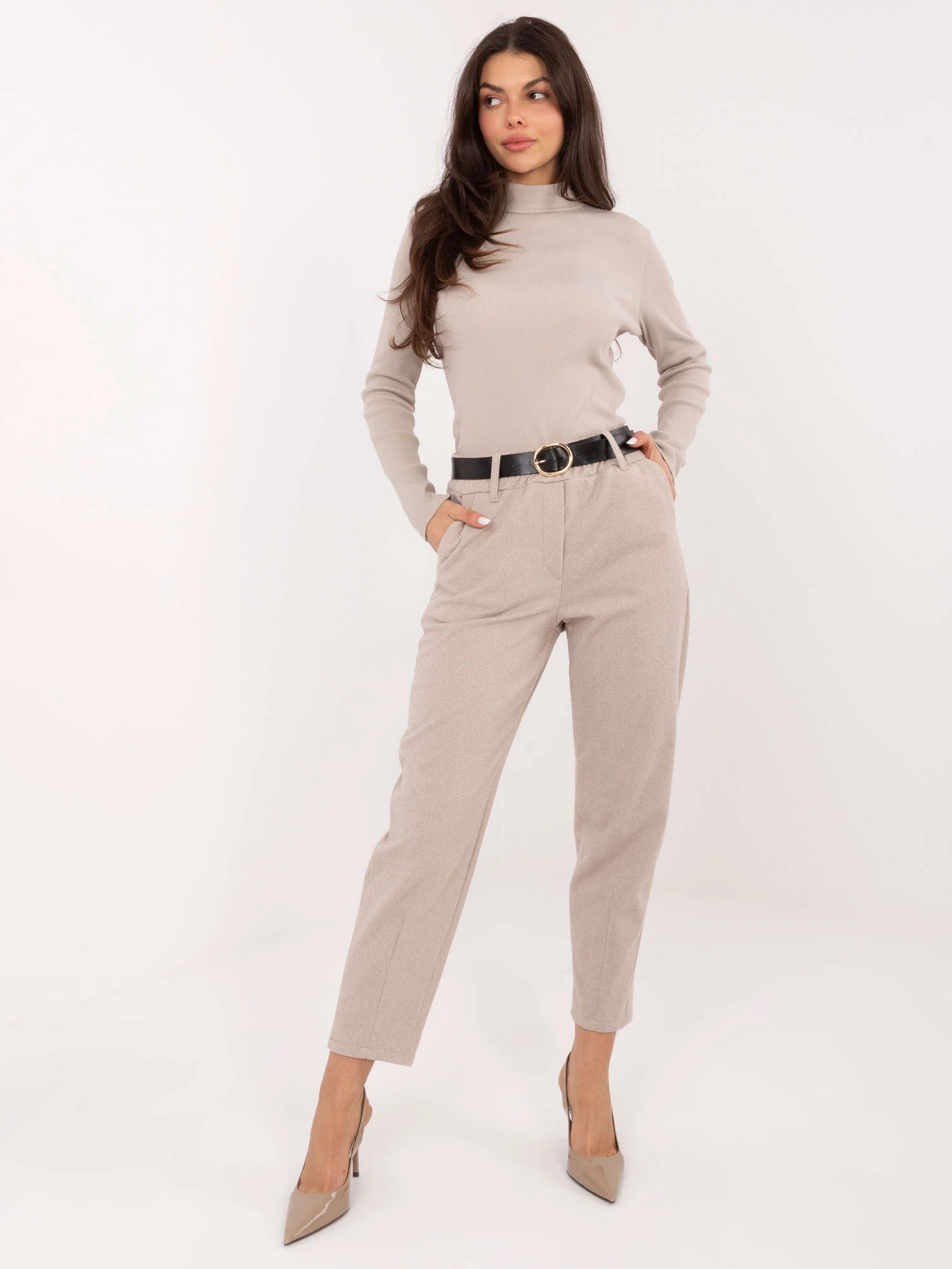 Pantaloni Dama Elegant, Guler inalt, RUE PARIS, Bej Eleganta Office - imagine 3