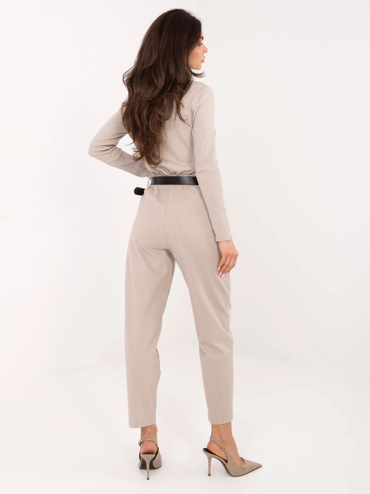 Pantaloni Dama Elegant, Guler inalt, RUE PARIS, Bej Eleganta Office - imagine 4