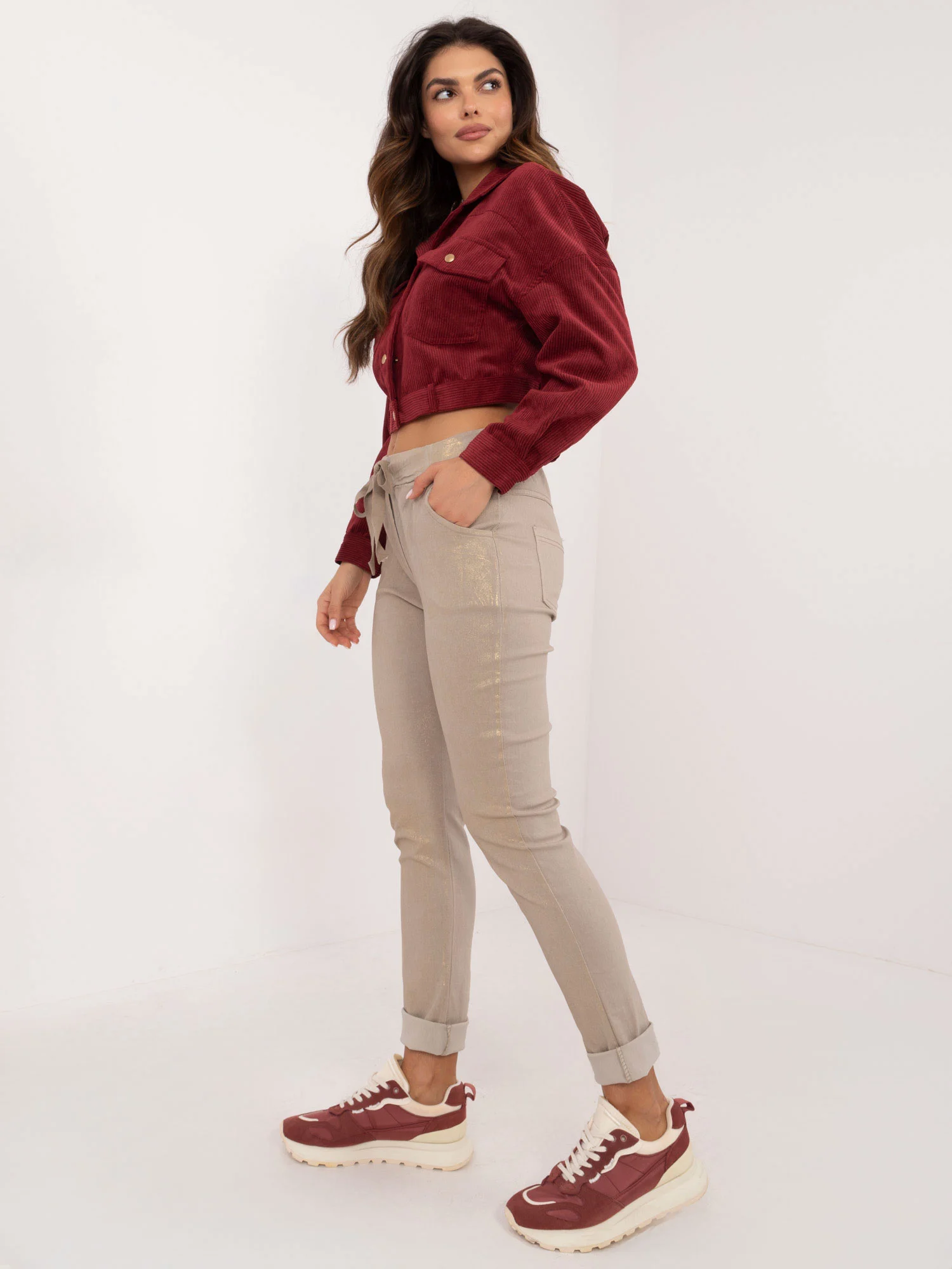 Pantaloni Dama Conica, Guler inalt, ITALY MODA, Bej Eleganta Office - imagine 3