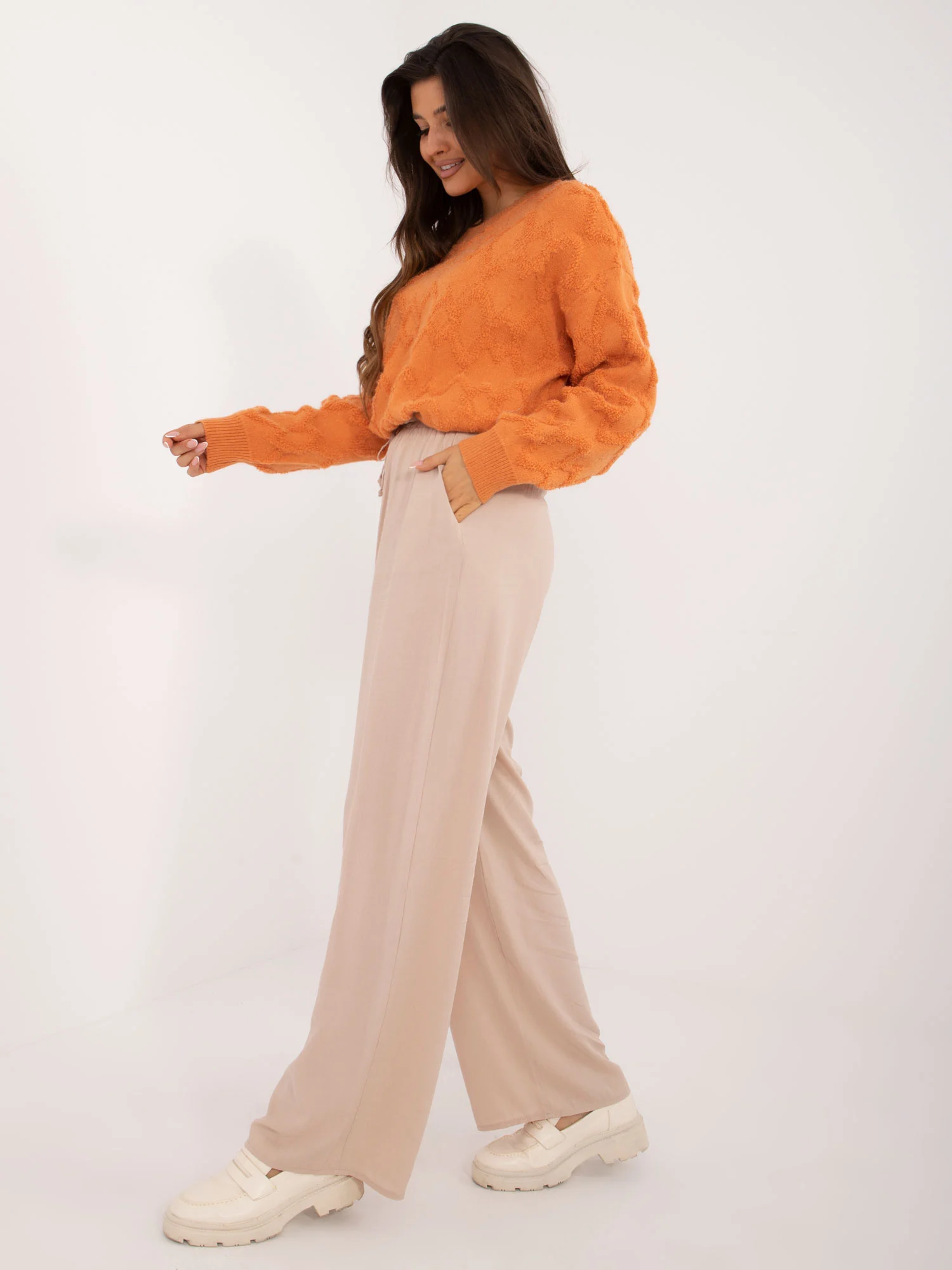 Pantaloni Dama Dreapta, Guler inalt, LAKERTA, Bej Casual - imagine 2