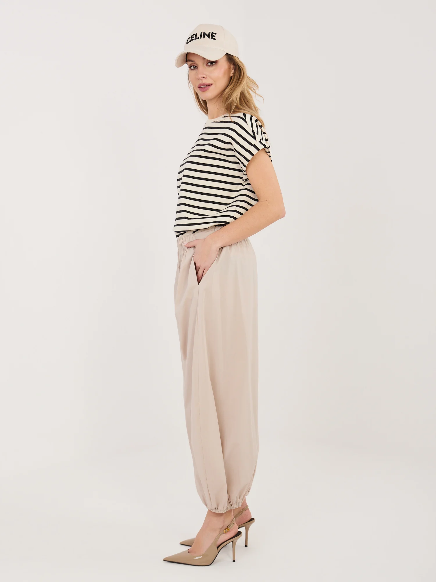 Pantaloni Dama 7/8, Mansete elastice, RUE PARIS, Bej Casual - imagine 5