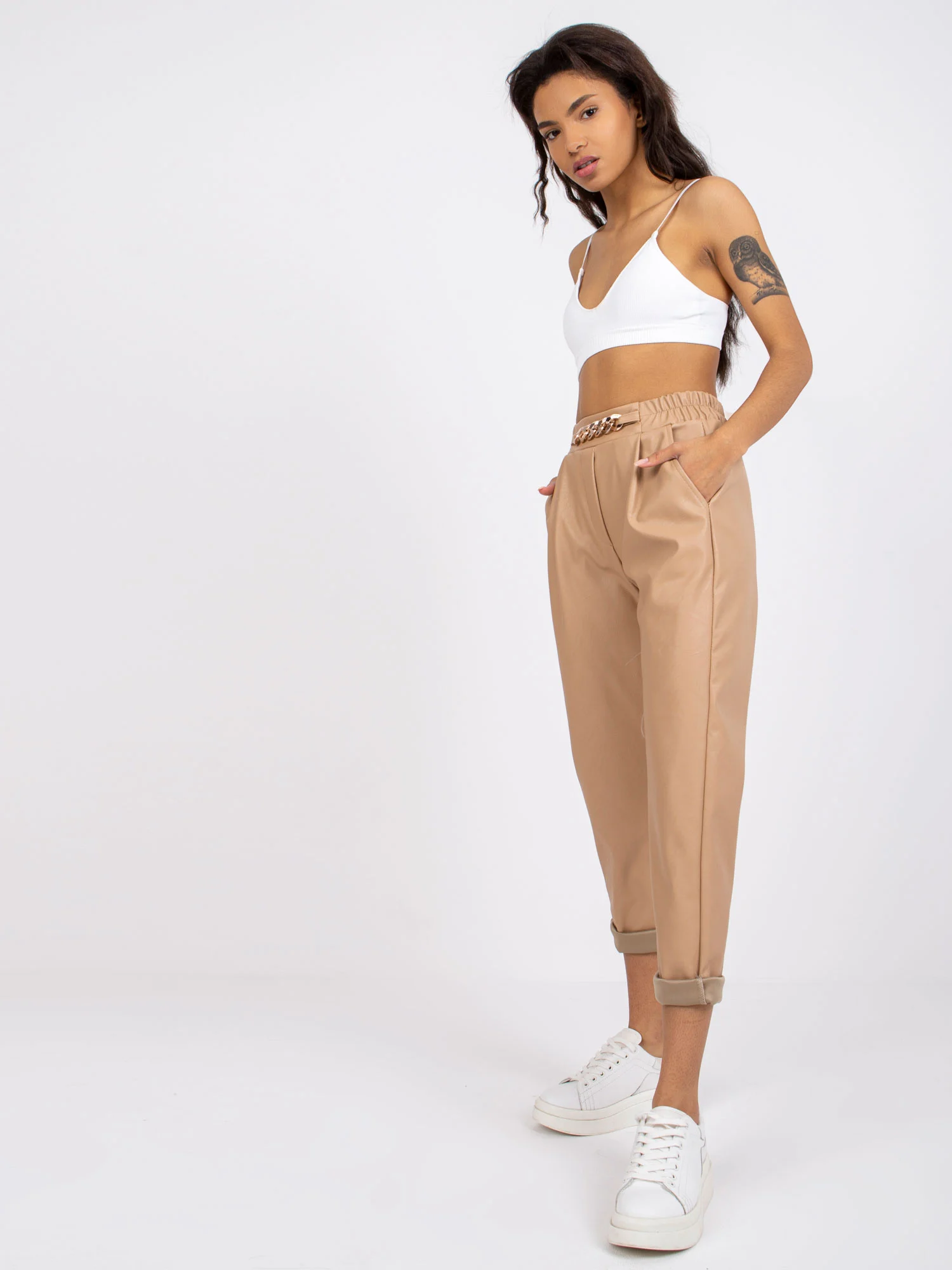 Pantaloni Dama 7/8, Dreapta, ITALY MODA, Bej Eleganta Office Marimi Mari - imagine 4
