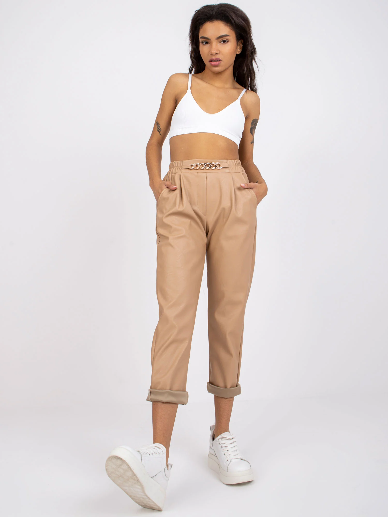Pantaloni Dama 7/8, Dreapta, ITALY MODA, Bej Eleganta Office Marimi Mari - imagine 6