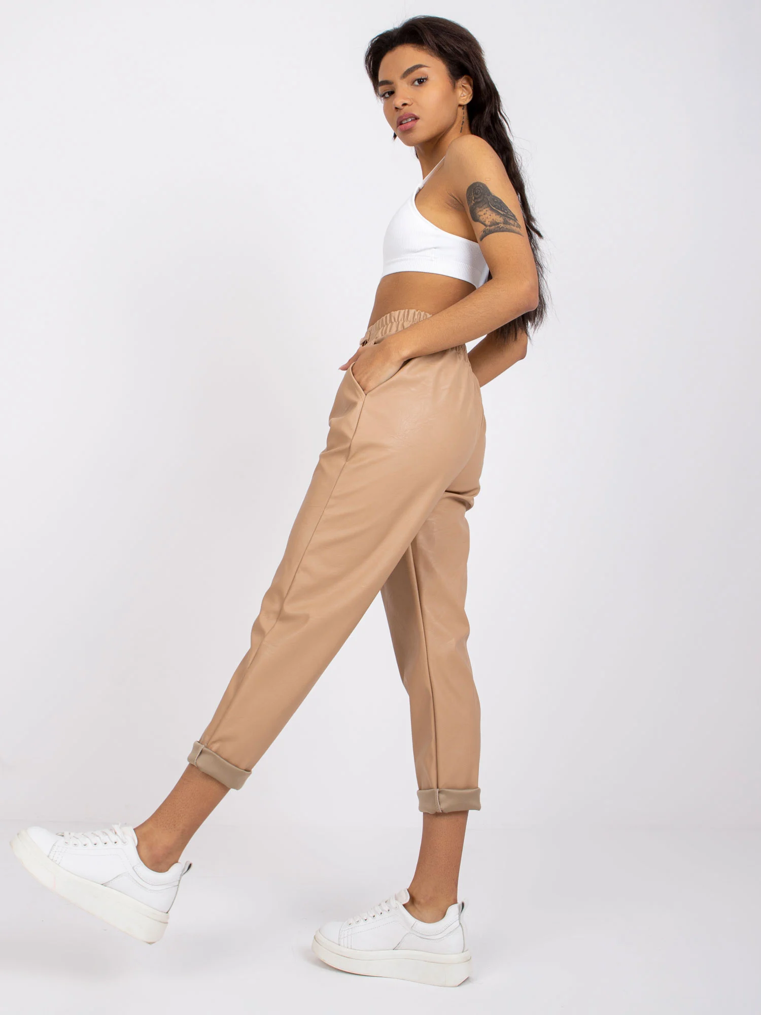 Pantaloni Dama 7/8, Dreapta, ITALY MODA, Bej Eleganta Office Marimi Mari - imagine 3