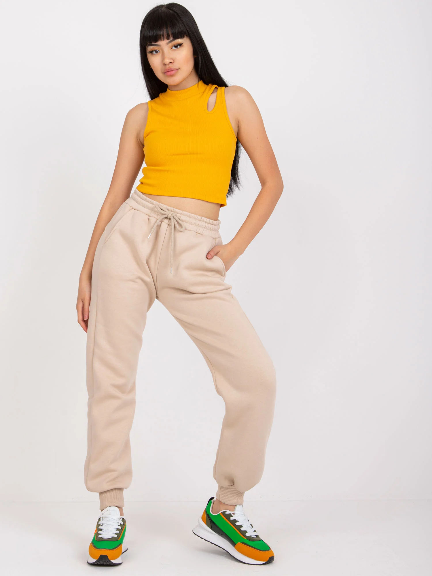Pantaloni Trening Dama Lunga, Mansete elastice, ex moda, Bej Casual - imagine 2