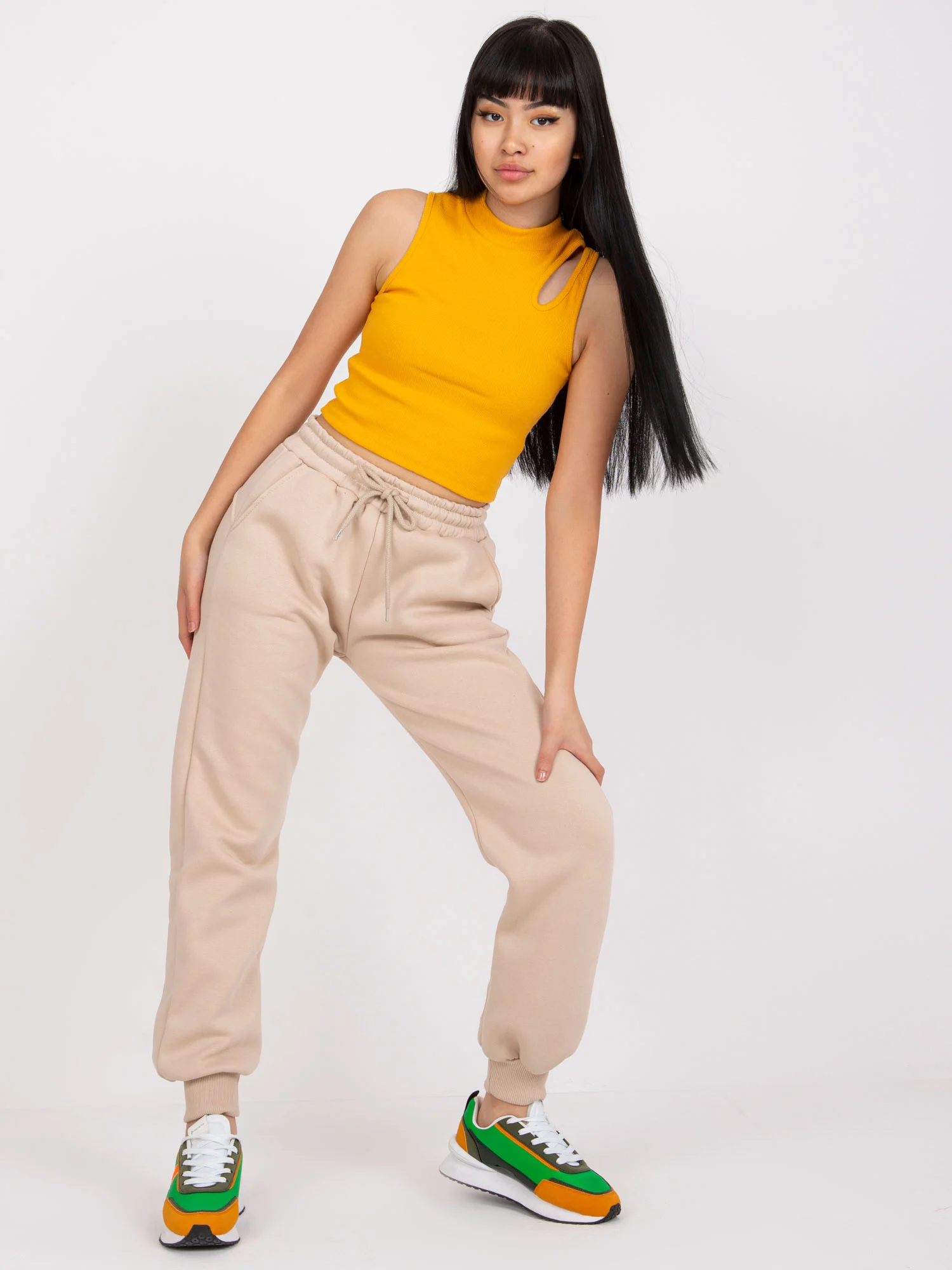 Pantaloni Trening Dama Lunga, Mansete elastice, ex moda, Bej Casual - imagine 4