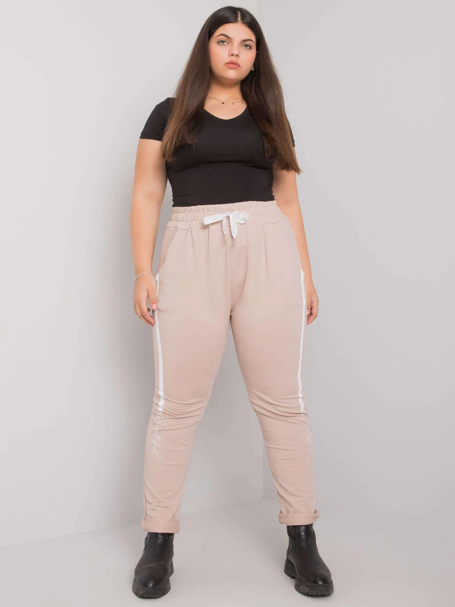 Pantaloni Trening Dama Lunga, Imprimat, RELEVANCE, Bej Casual Marimi Mari - imagine 3