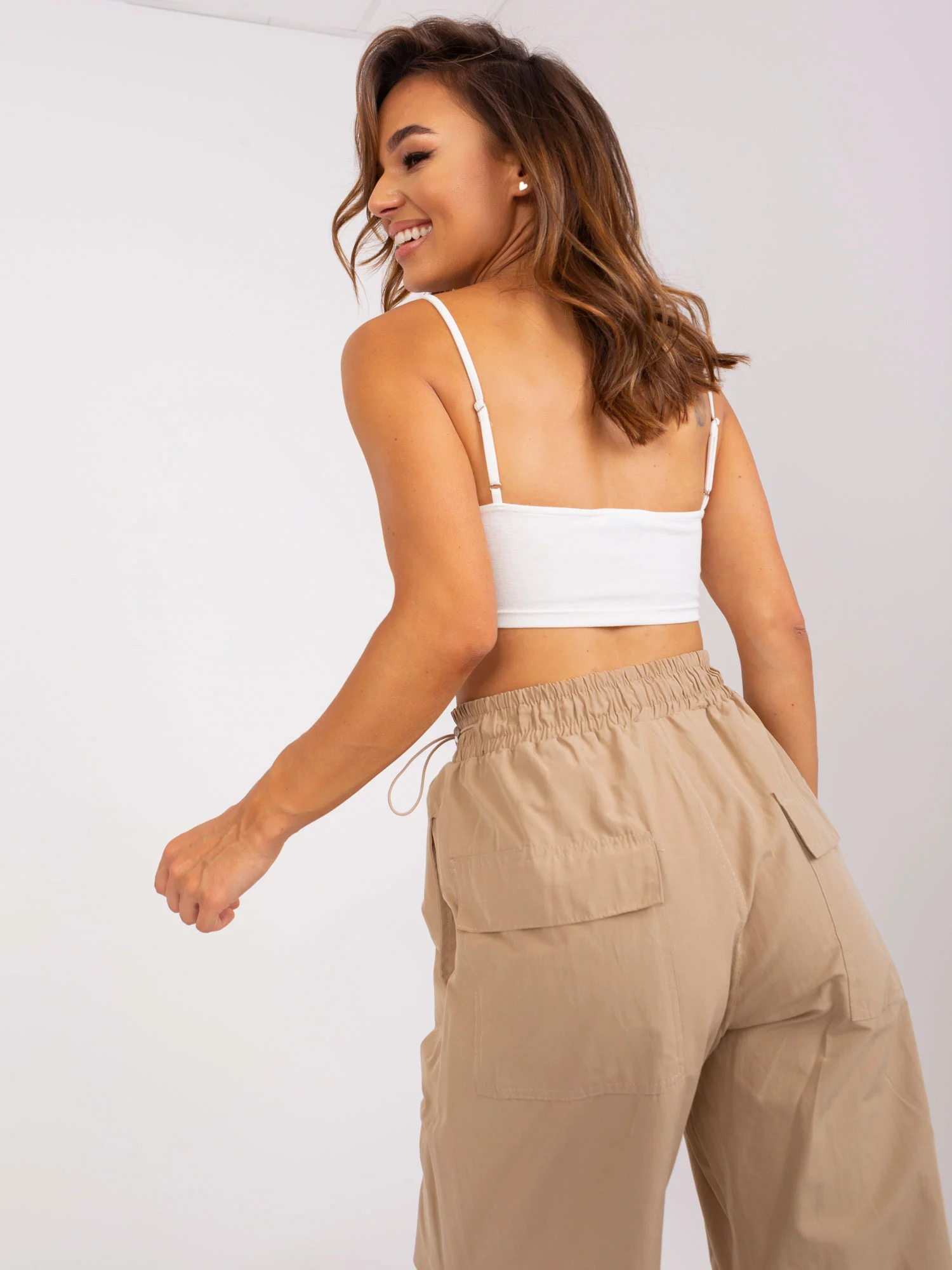 Pantaloni Dama Mansete elastice, Guler inalt, Och Bella, Bej Casual - imagine 7