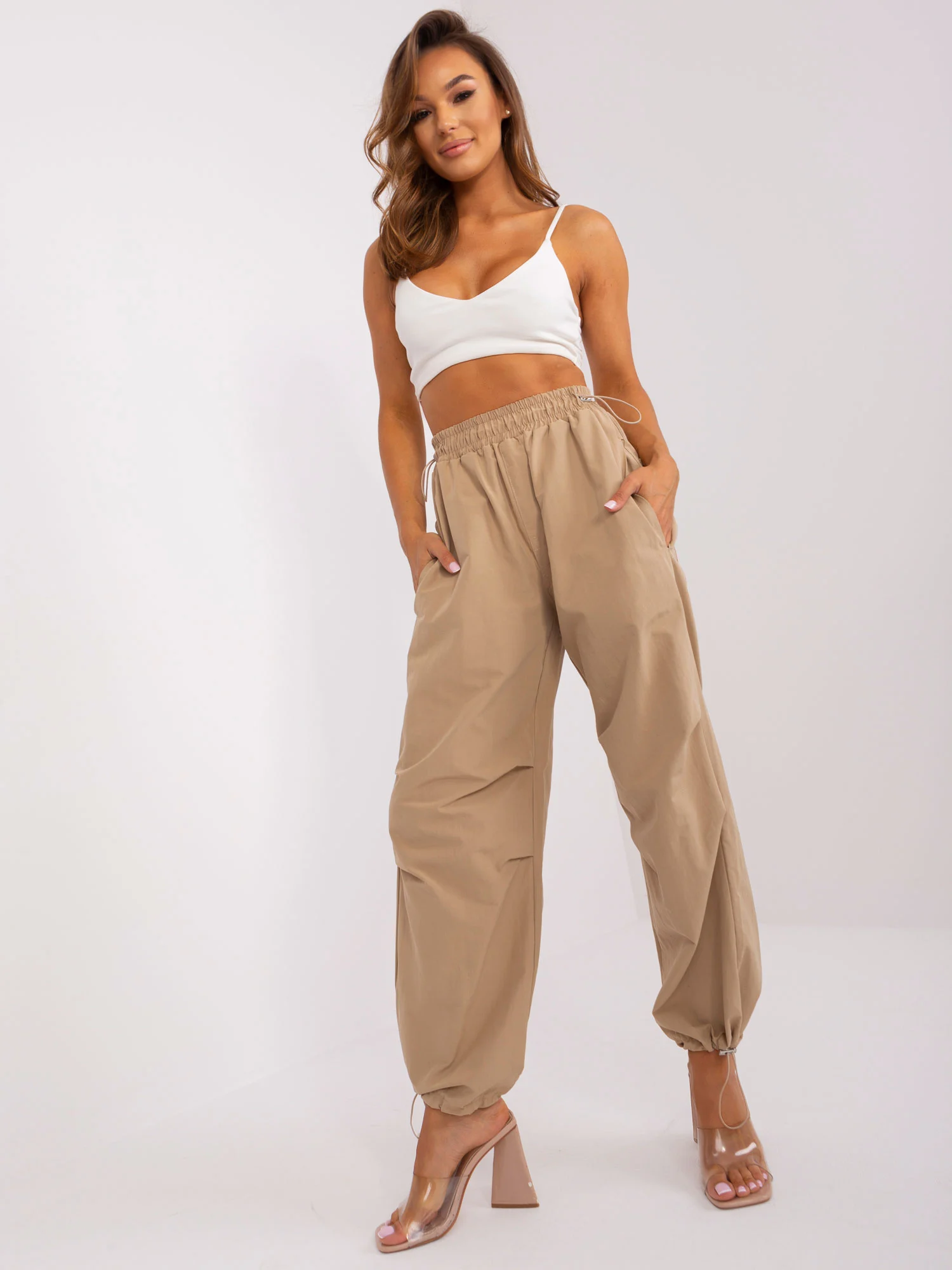 Pantaloni Dama Mansete elastice, Guler inalt, Och Bella, Bej Casual - imagine 6