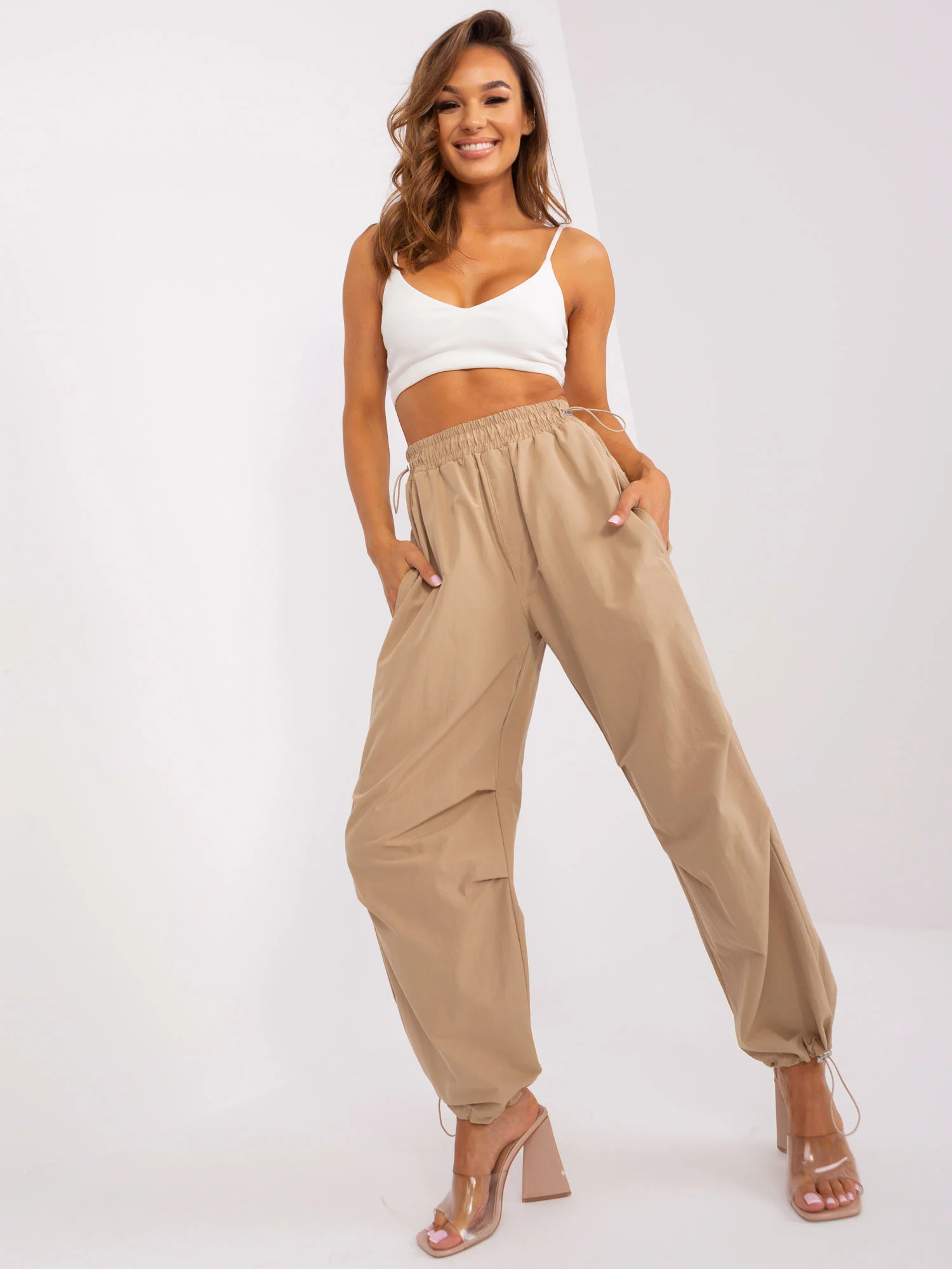 Pantaloni Dama Mansete elastice, Guler inalt, Och Bella, Bej Casual - imagine 4