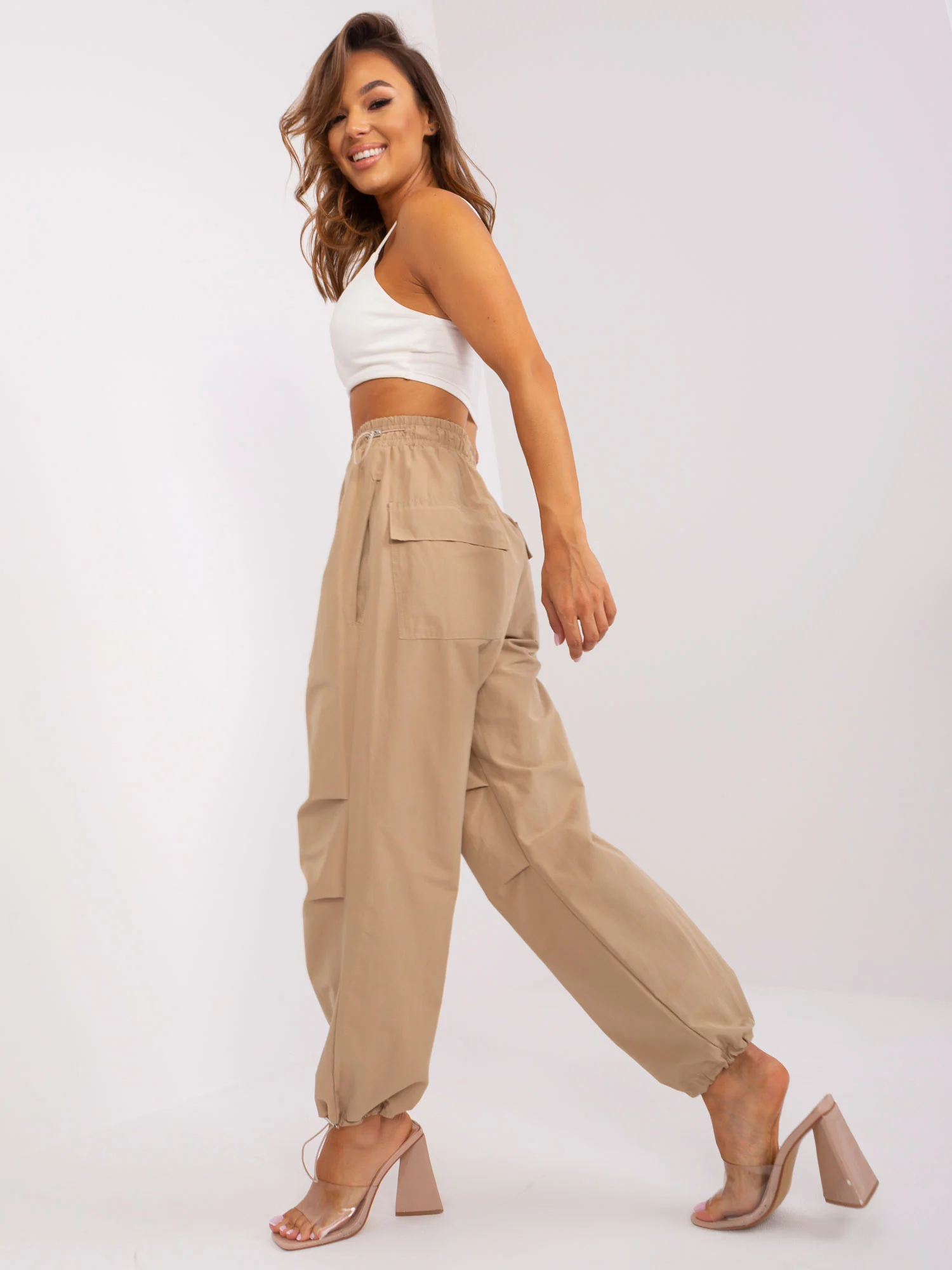 Pantaloni Dama Mansete elastice, Guler inalt, Och Bella, Bej Casual - imagine 2