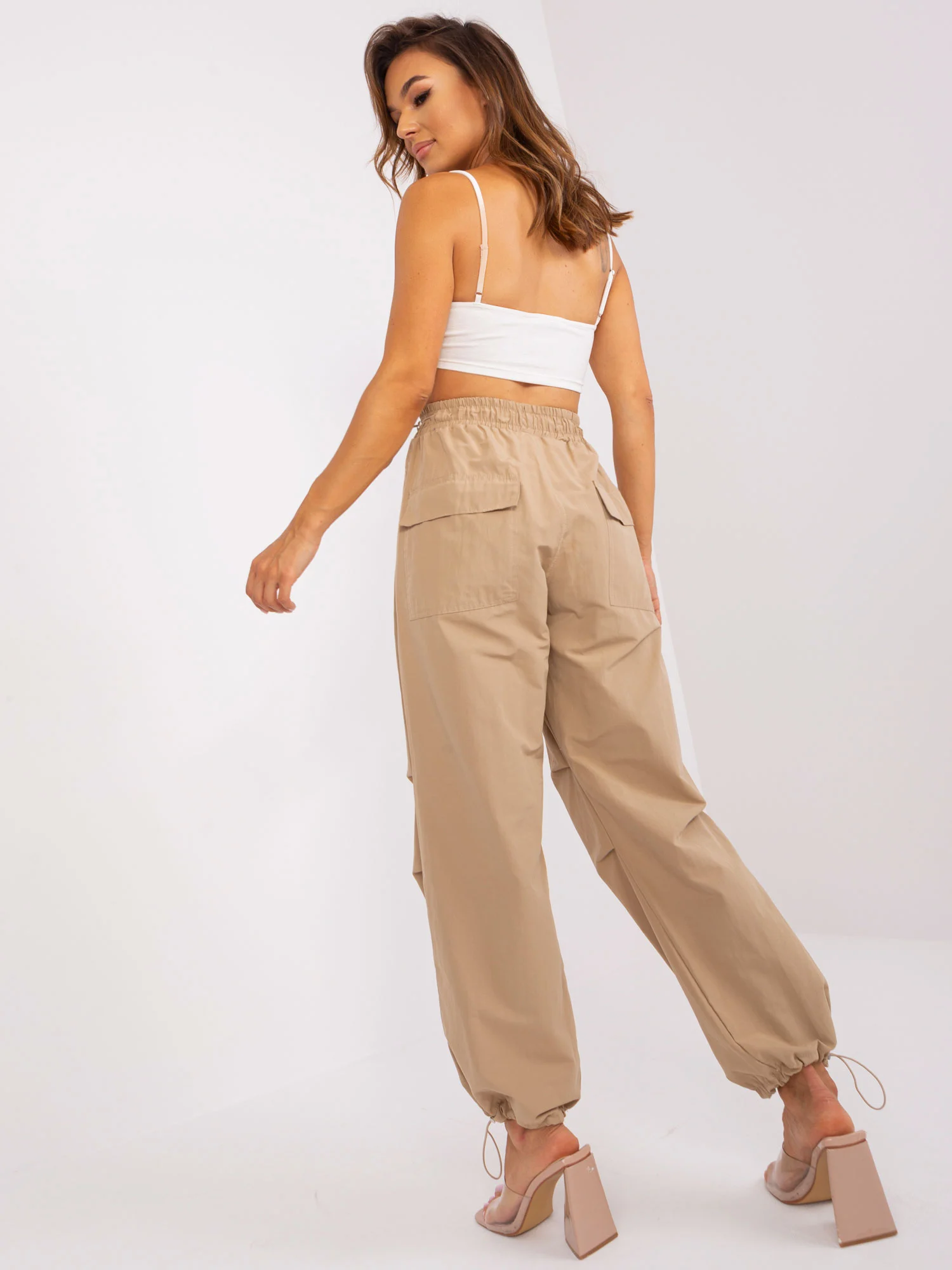 Pantaloni Dama Mansete elastice, Guler inalt, Och Bella, Bej Casual - imagine 5