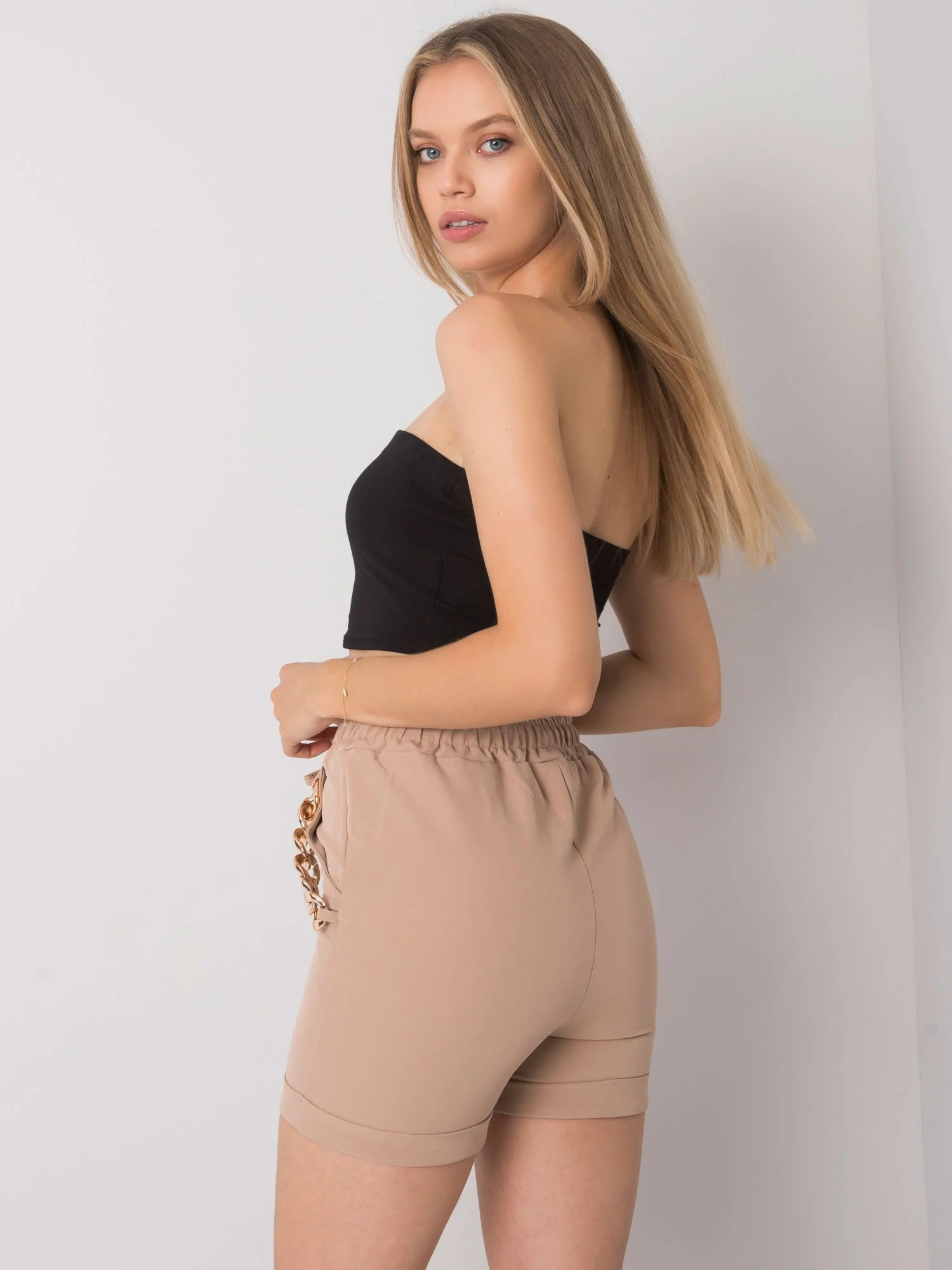 Pantaloni Scurti Dama Poliester, ITALY MODA, Bej Casual Marimi Mari - imagine 2