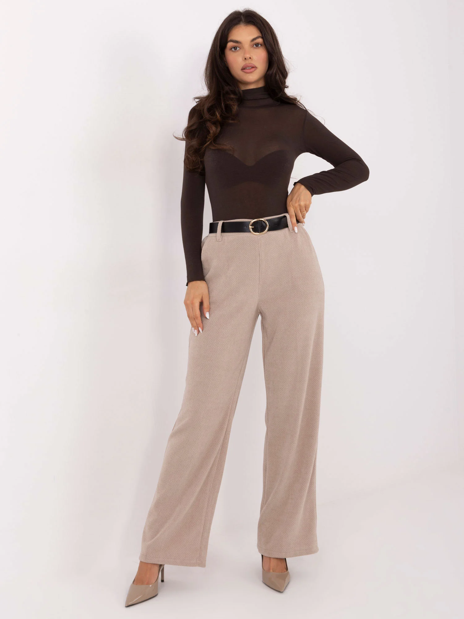 Pantaloni Dama Elegant, Guler inalt, ITALY MODA, Bej Eleganta Office - Image 4