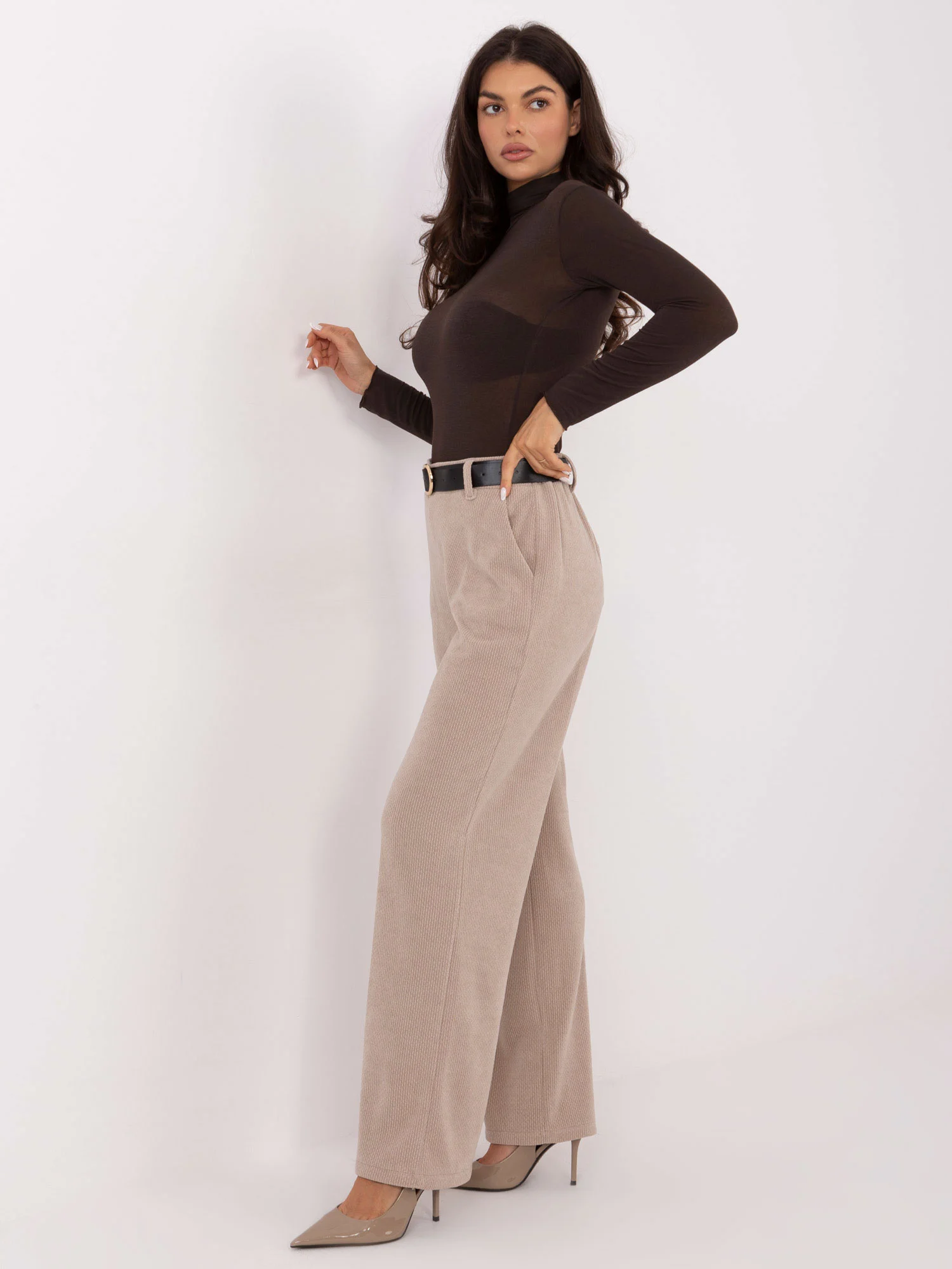 Pantaloni Dama Elegant, Guler inalt, ITALY MODA, Bej Eleganta Office - Image 3