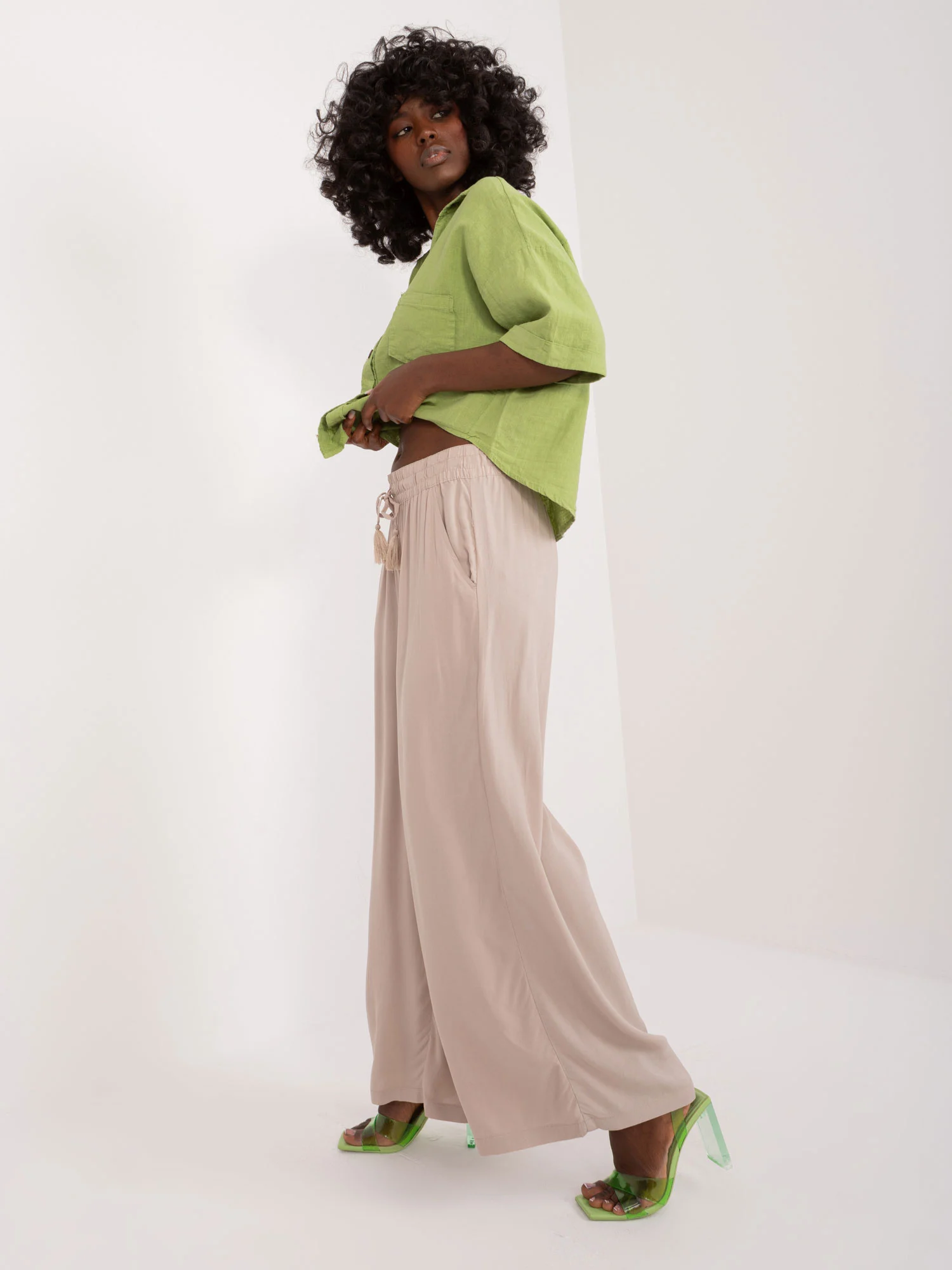 Pantaloni Dama Larga, Guler inalt, Sublevel, Bej Casual Marimi Mari - imagine 3