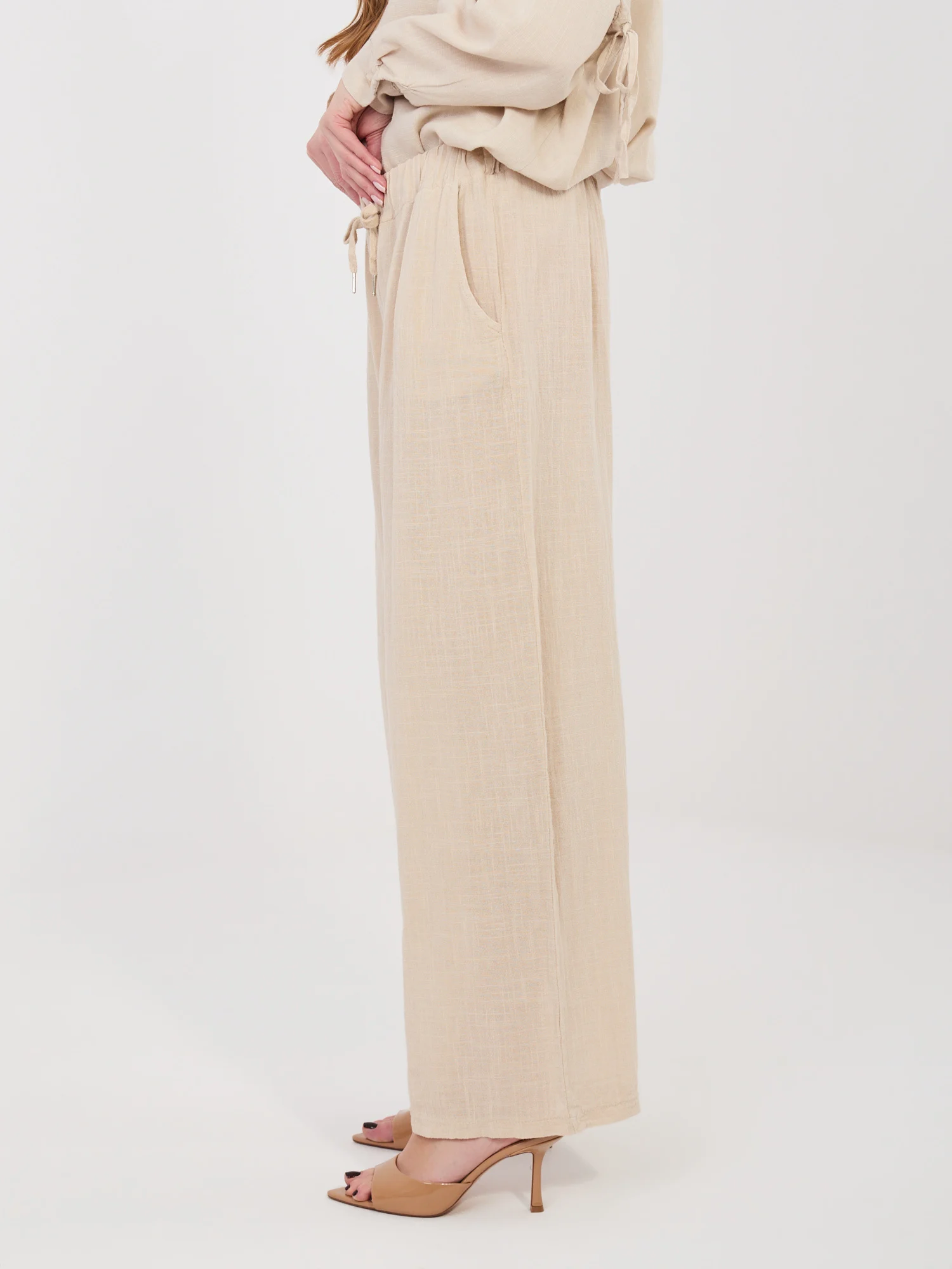 Pantaloni Dama Larga, Guler inalt, ITALY MODA, Bej - imagine 2