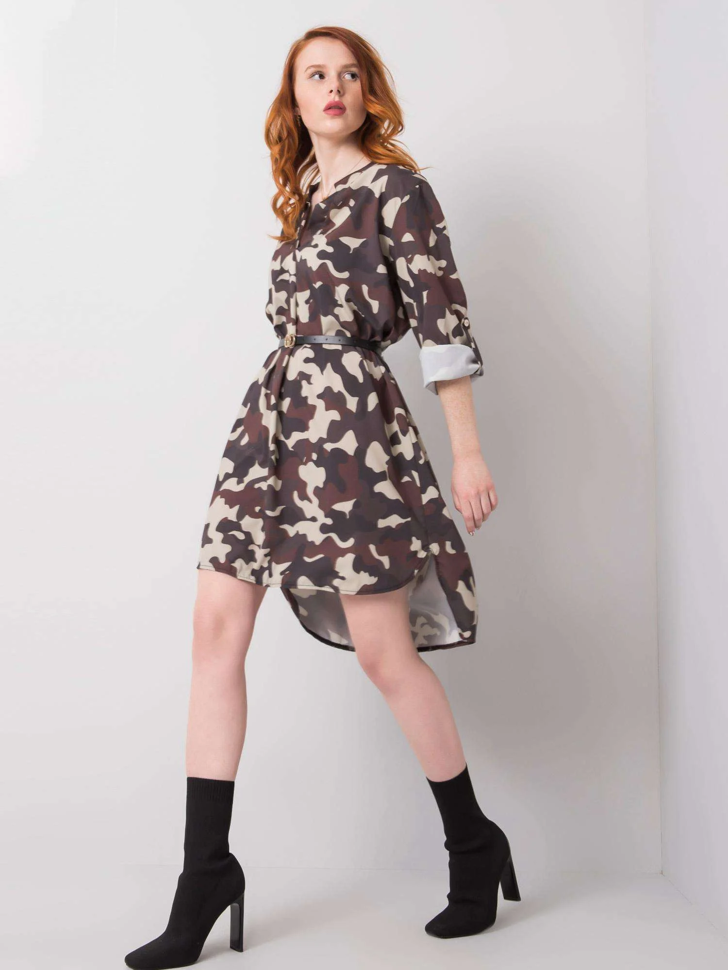 Rochie Dama Mini, Imprimat, ITALY MODA, Bej Eleganta Office - Image 3