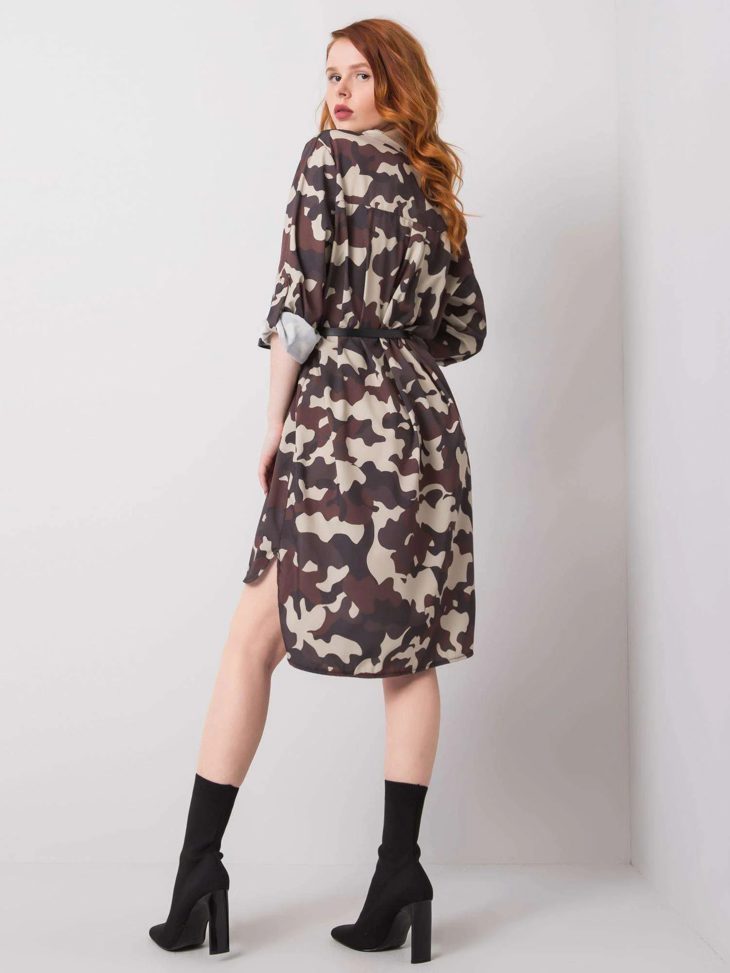 Rochie Dama Mini, Imprimat, ITALY MODA, Bej Eleganta Office - Image 4