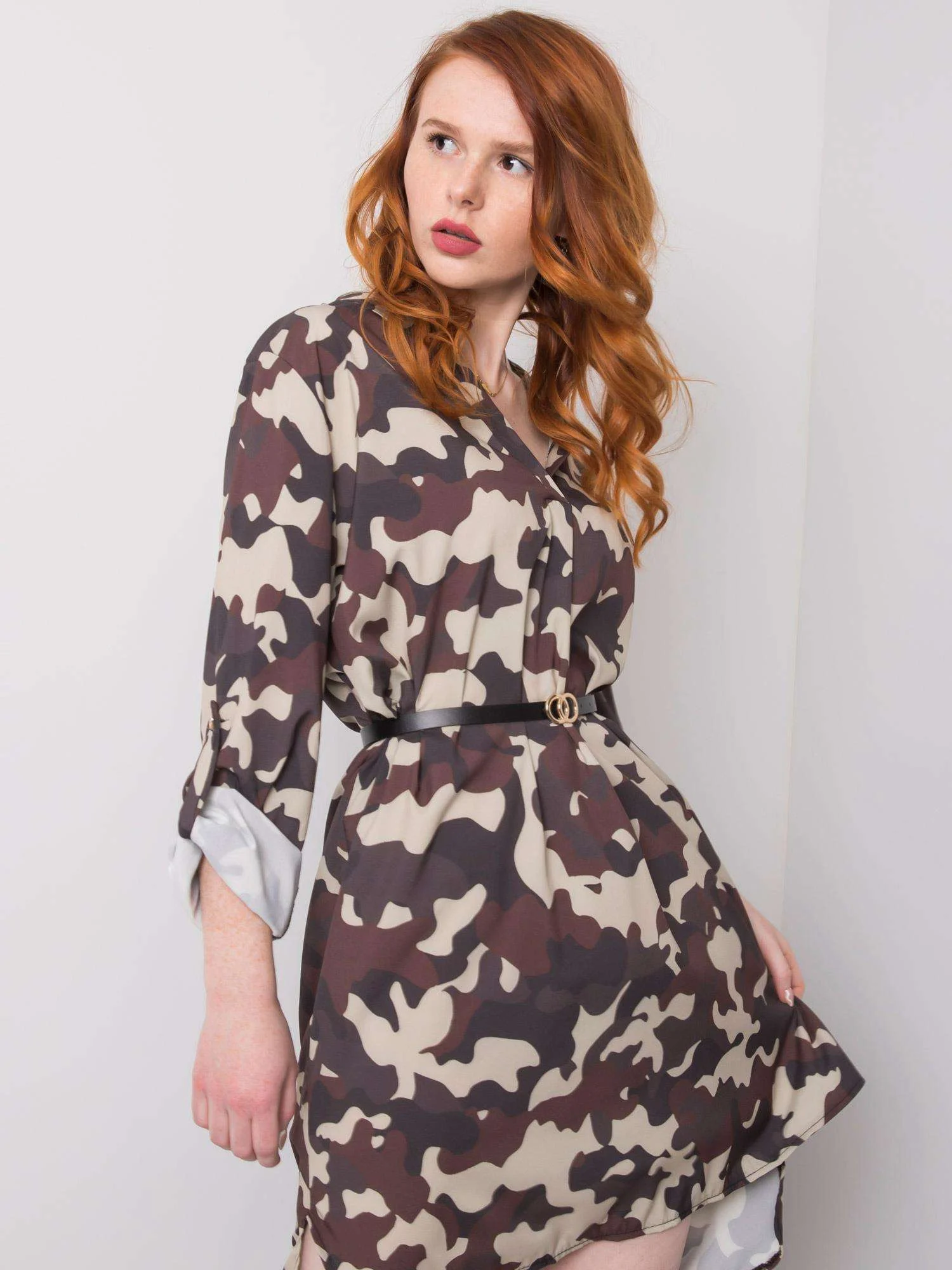 Rochie Dama Mini, Imprimat, ITALY MODA, Bej Eleganta Office - Image 5