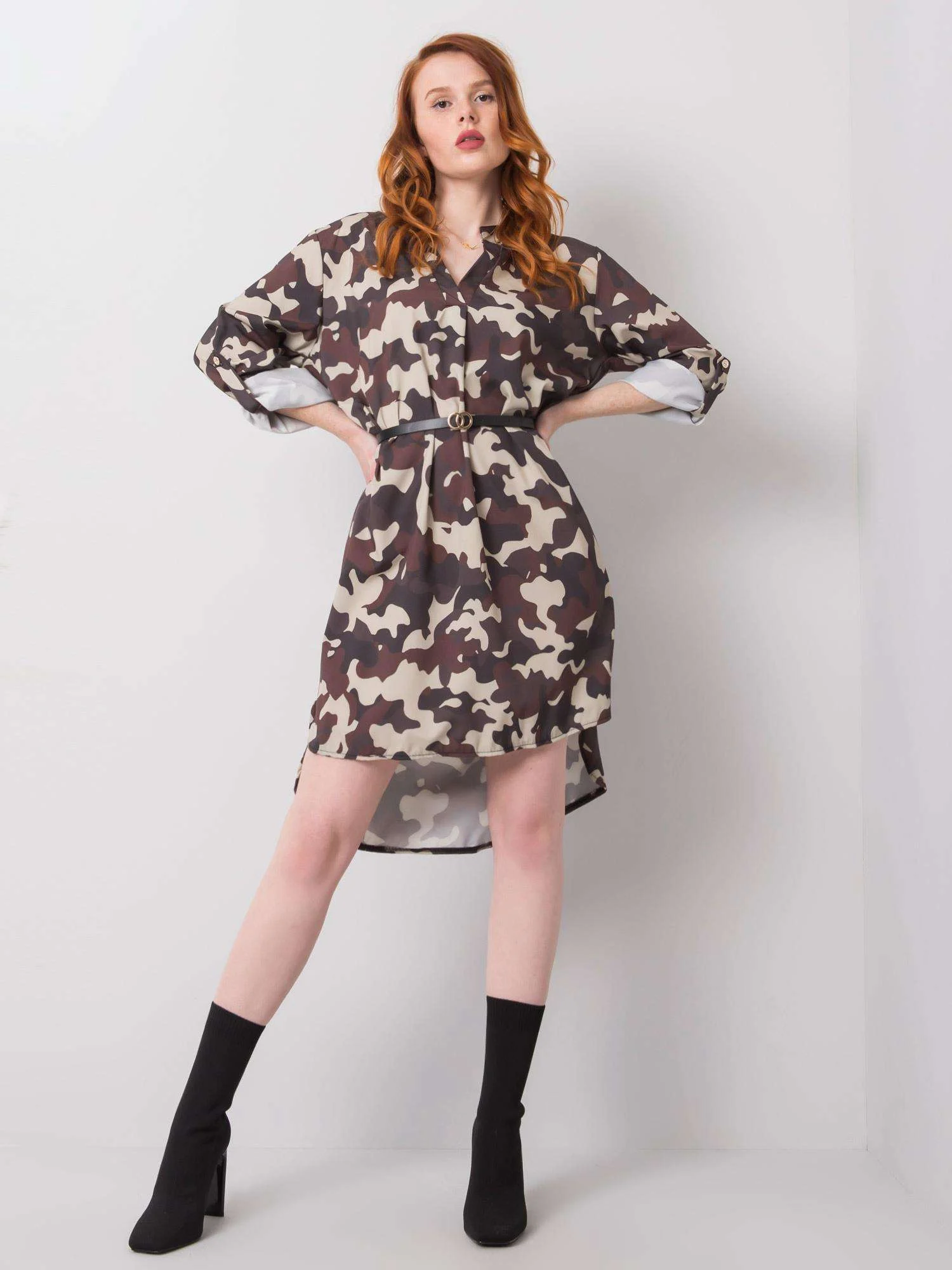 Rochie Dama Mini, Imprimat, ITALY MODA, Bej Eleganta Office - Image 2
