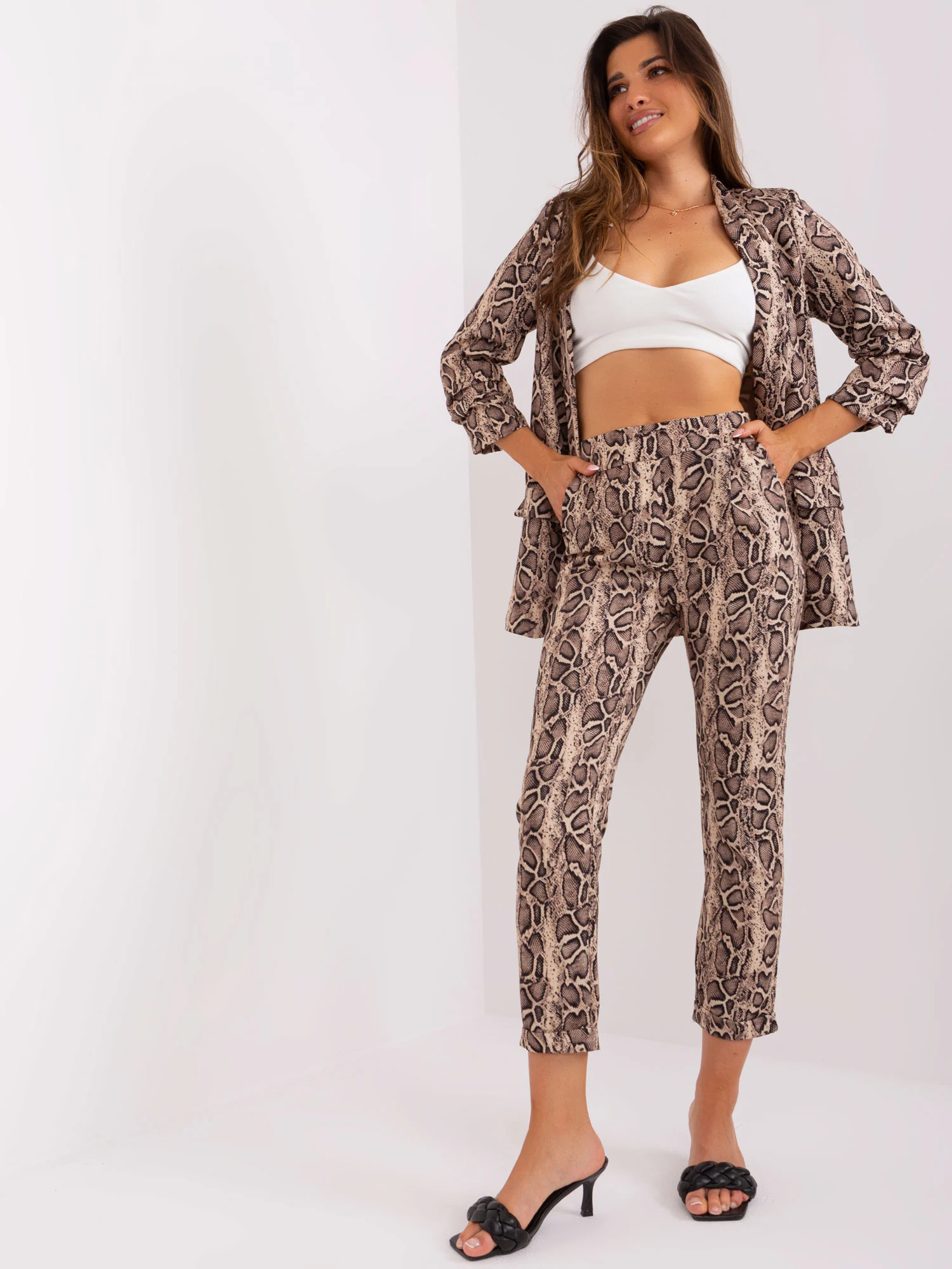 Pantaloni Dama Animal print, Elegant, ITALY MODA, Bej de Petrecere Marimi Mari - imagine 3