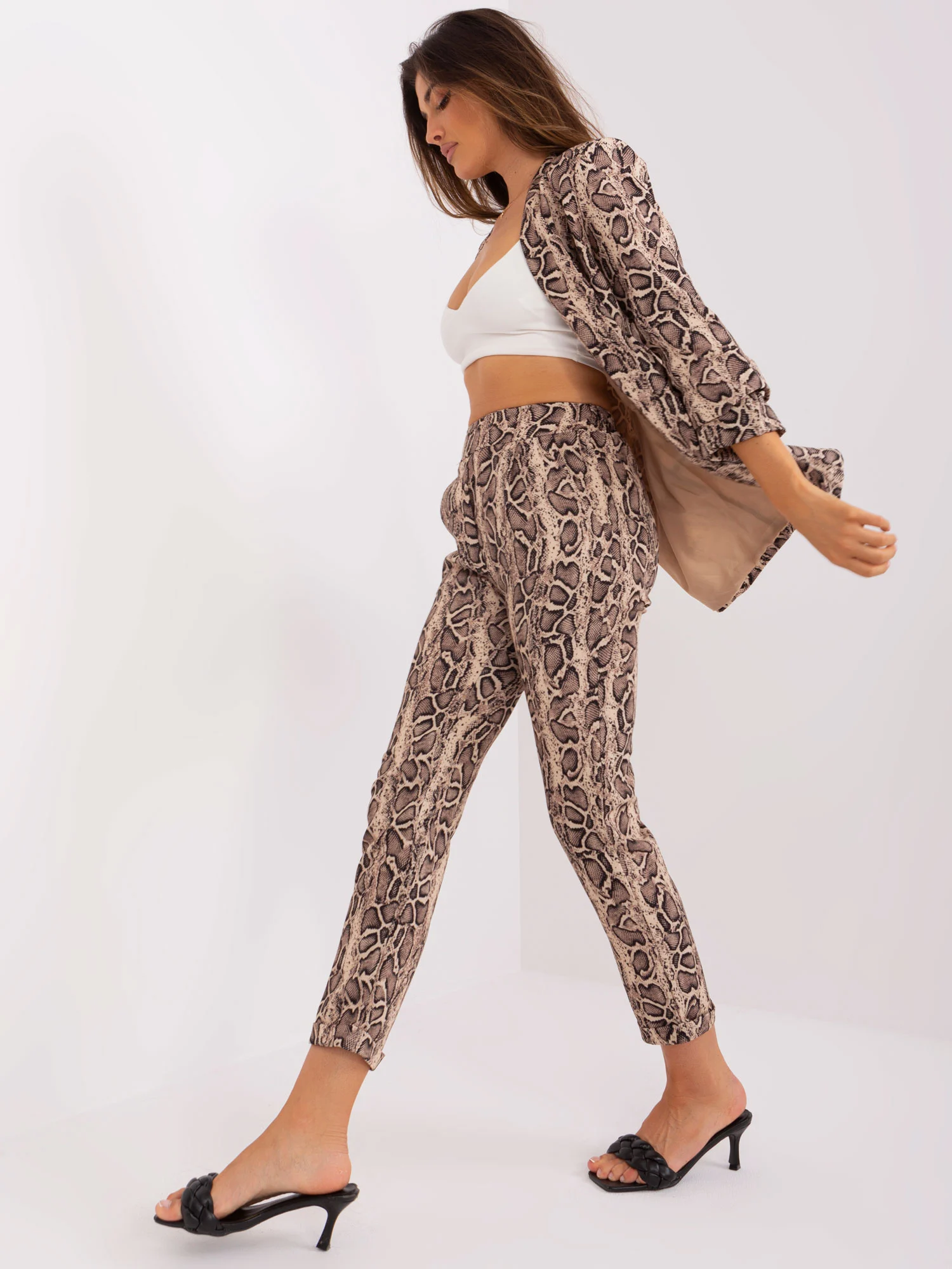Pantaloni Dama Animal print, Elegant, ITALY MODA, Bej de Petrecere Marimi Mari - imagine 5