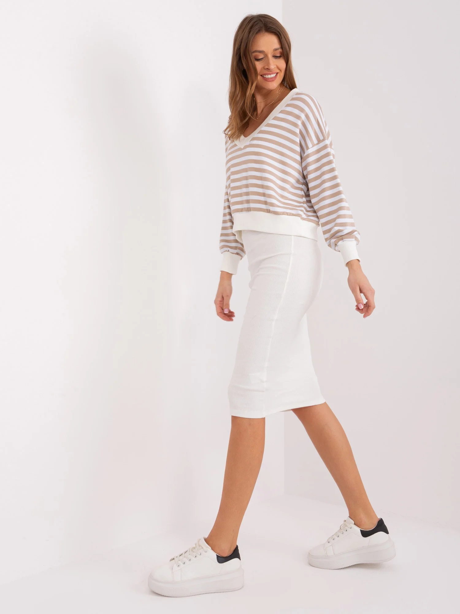 Compleu Dama Midi, Dungi, My Red Lips, Bej Casual - imagine 6