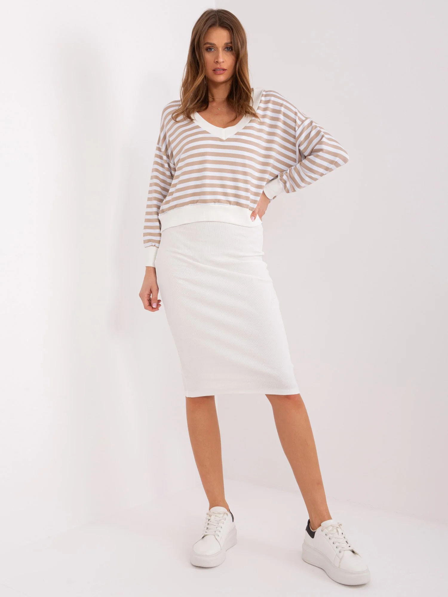 Compleu Dama Midi, Dungi, My Red Lips, Bej Casual - imagine 2