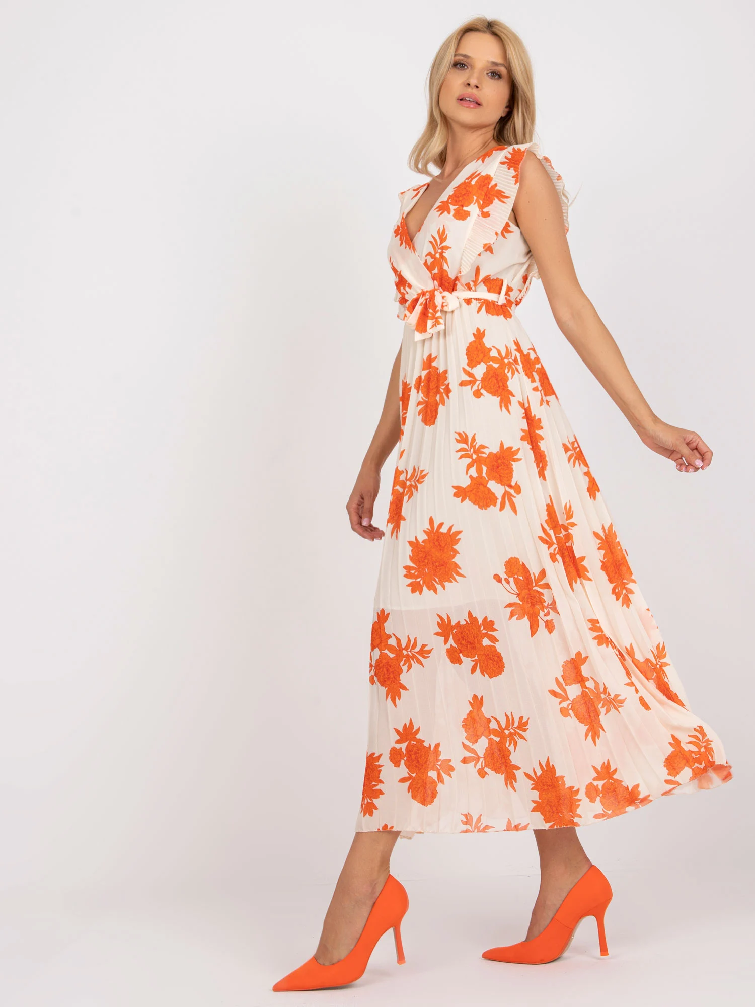 Rochie Dama Midi, Imprimat, ITALY MODA, Portocaliu Eleganta Office - Image 2