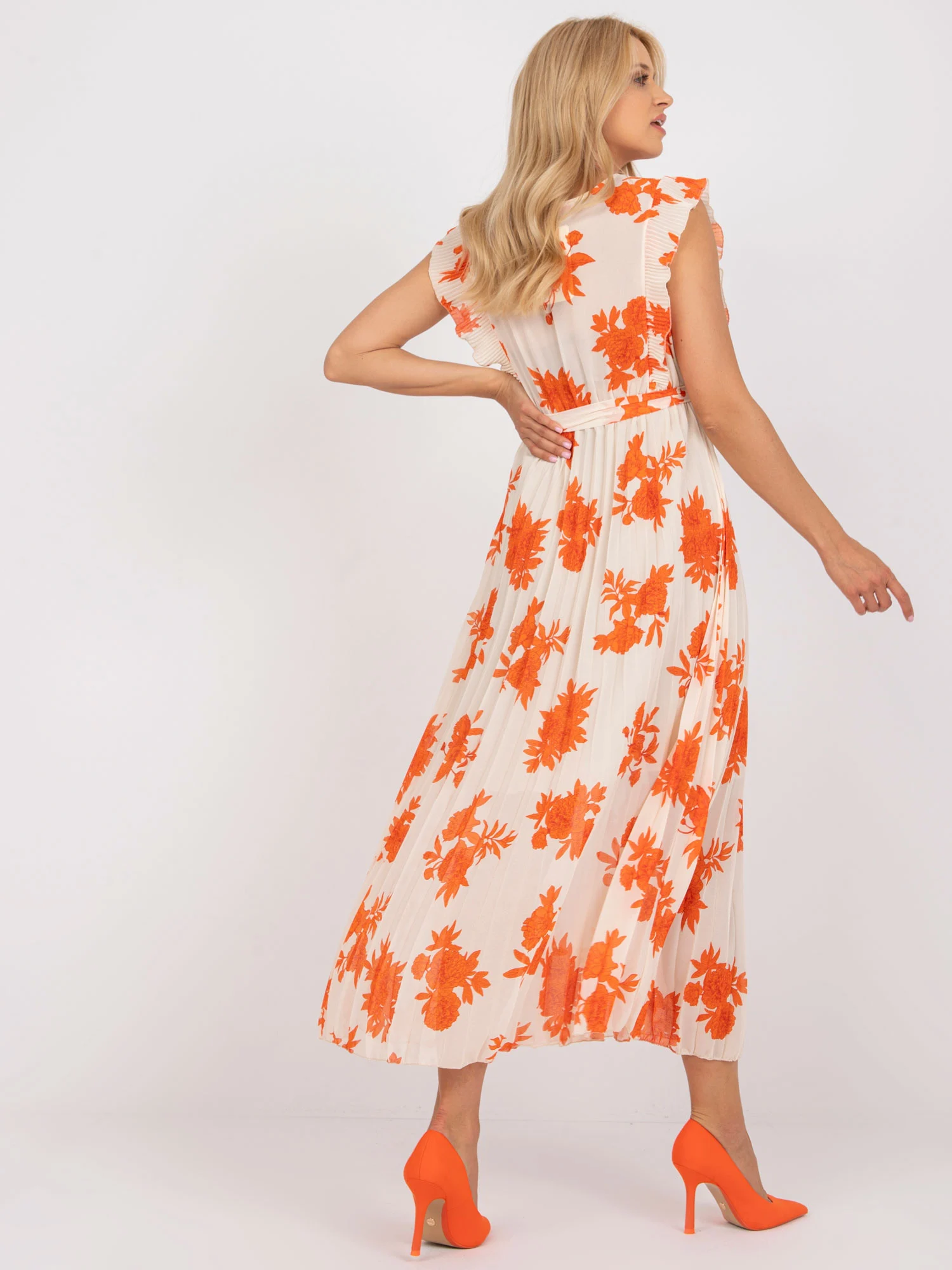 Rochie Dama Midi, Imprimat, ITALY MODA, Portocaliu Eleganta Office - Image 6