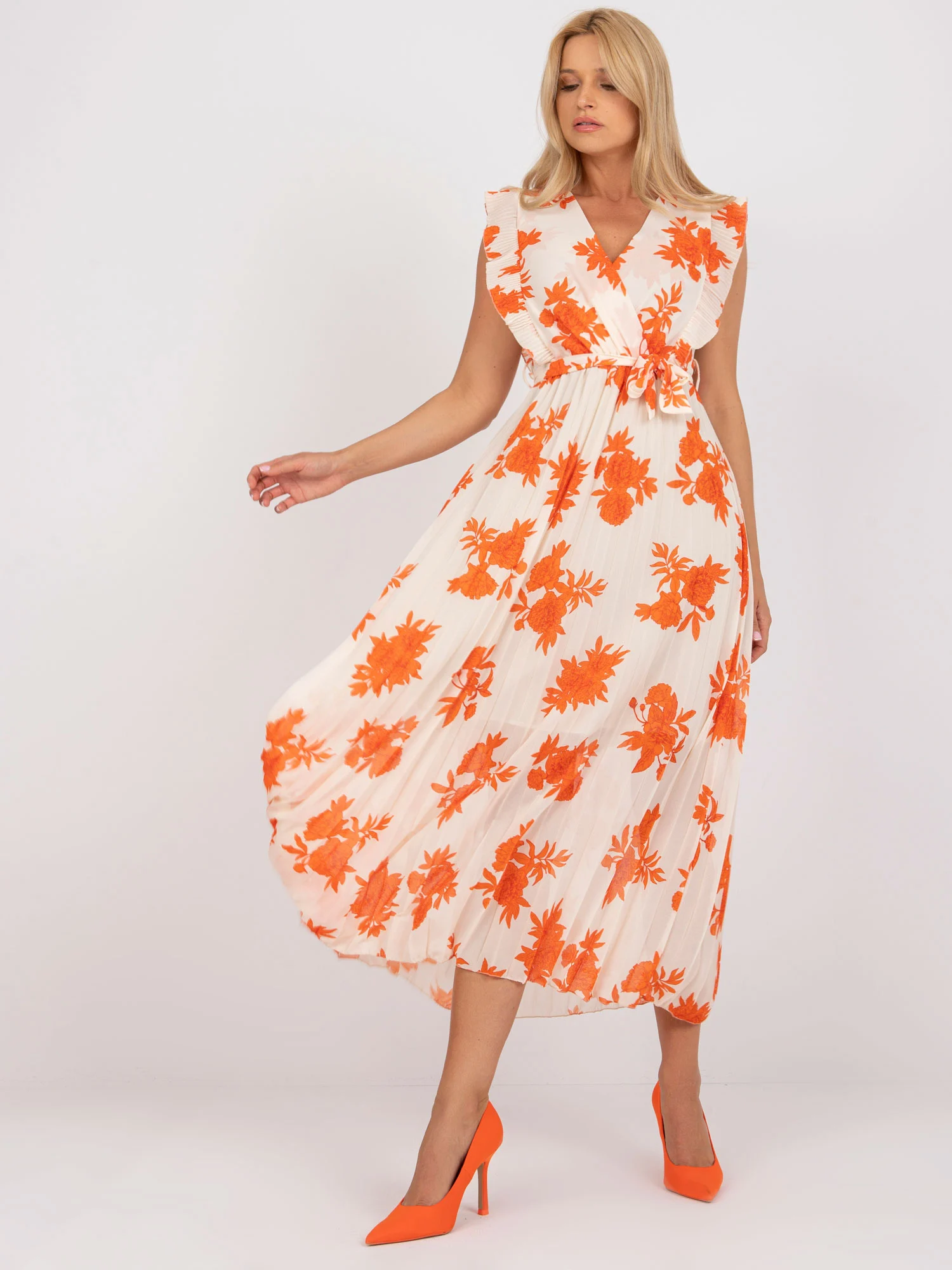 Rochie Dama Midi, Imprimat, ITALY MODA, Portocaliu Eleganta Office - Image 5
