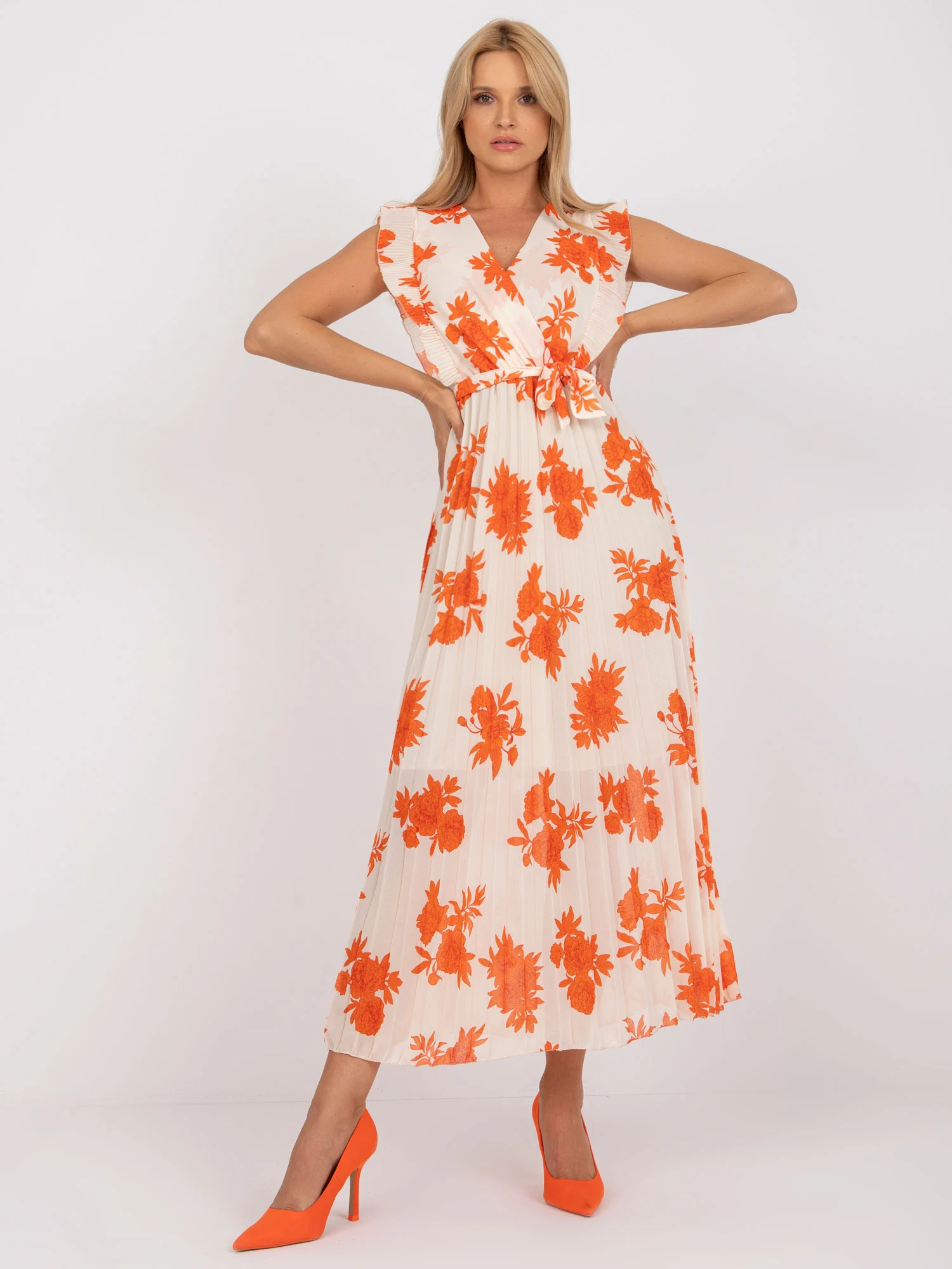 Rochie Dama Midi, Imprimat, ITALY MODA, Portocaliu Eleganta Office - Image 4