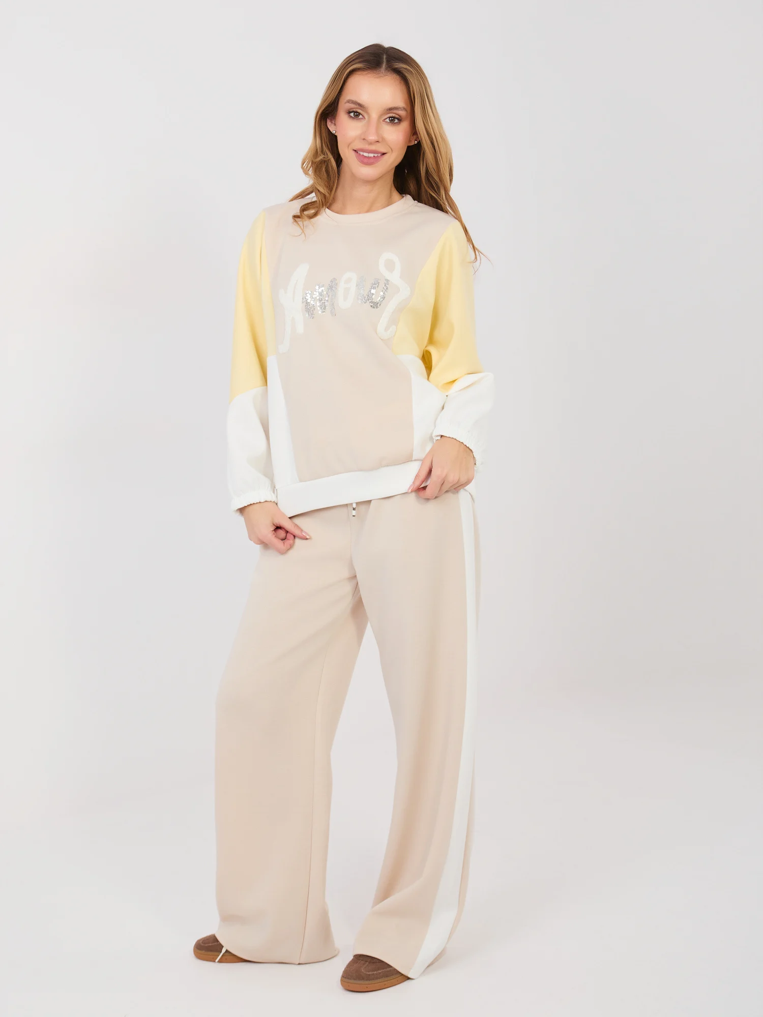 Compleu Dama Maneca lunga, Paiete, RUE PARIS, Bej Casual - imagine 8