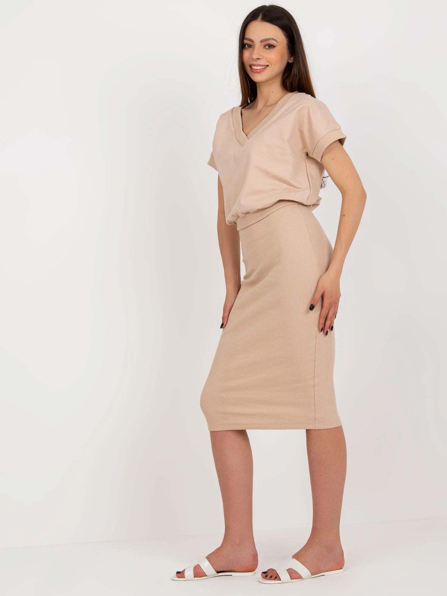 Compleu Dama Midi, Dungi, RUE PARIS, Bej Eleganta Office - imagine 3
