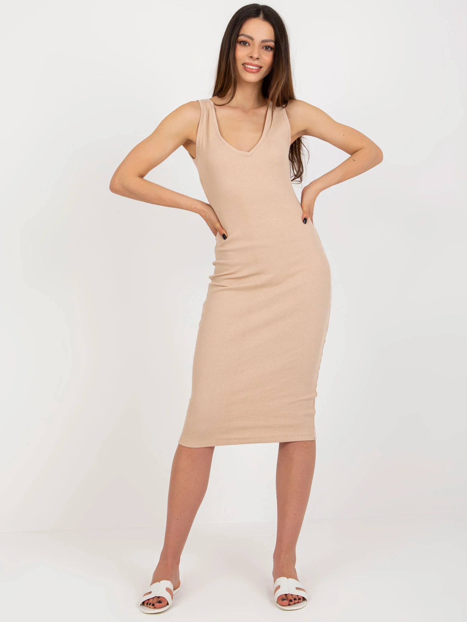 Compleu Dama Midi, Dungi, RUE PARIS, Bej Eleganta Office - imagine 2