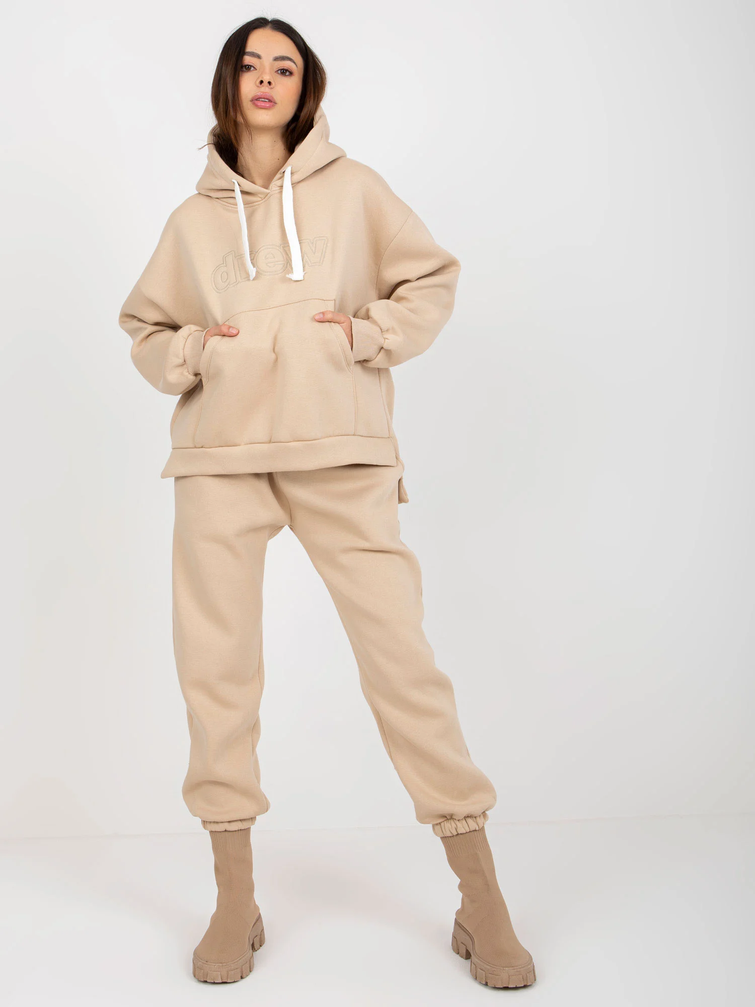 Compleu Dama Maneca lunga, Mansete elastice, ex moda, Bej Casual - imagine 3