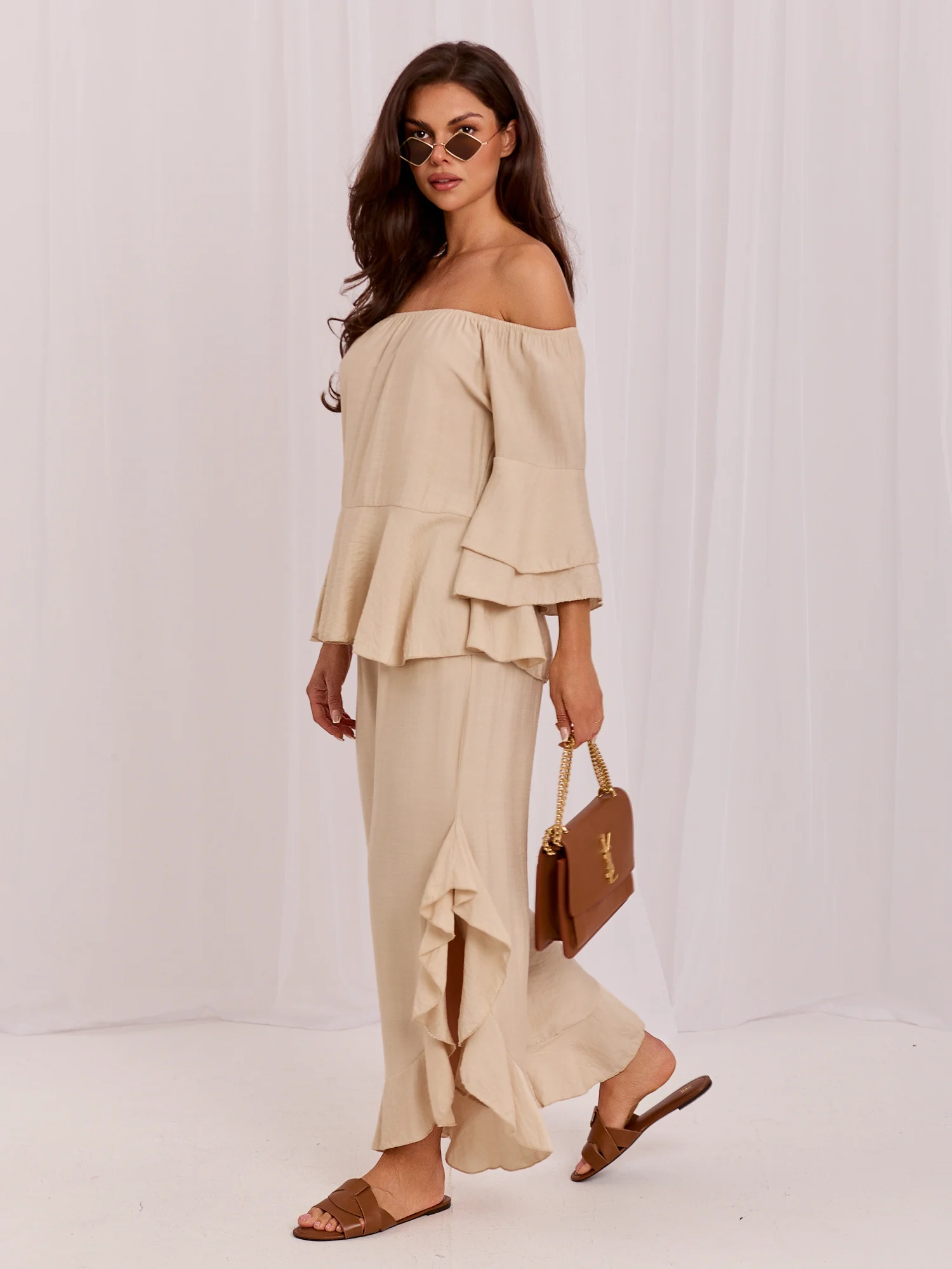 Compleu Dama Maneca 3/4, Guler inalt, RUE PARIS, Bej Eleganta Office - imagine 3