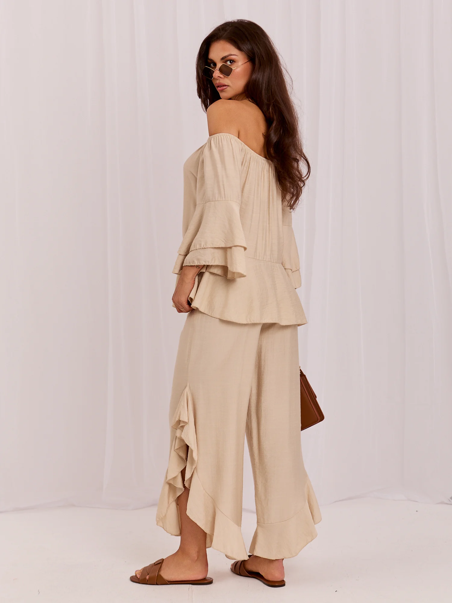 Compleu Dama Maneca 3/4, Guler inalt, RUE PARIS, Bej Eleganta Office - imagine 4