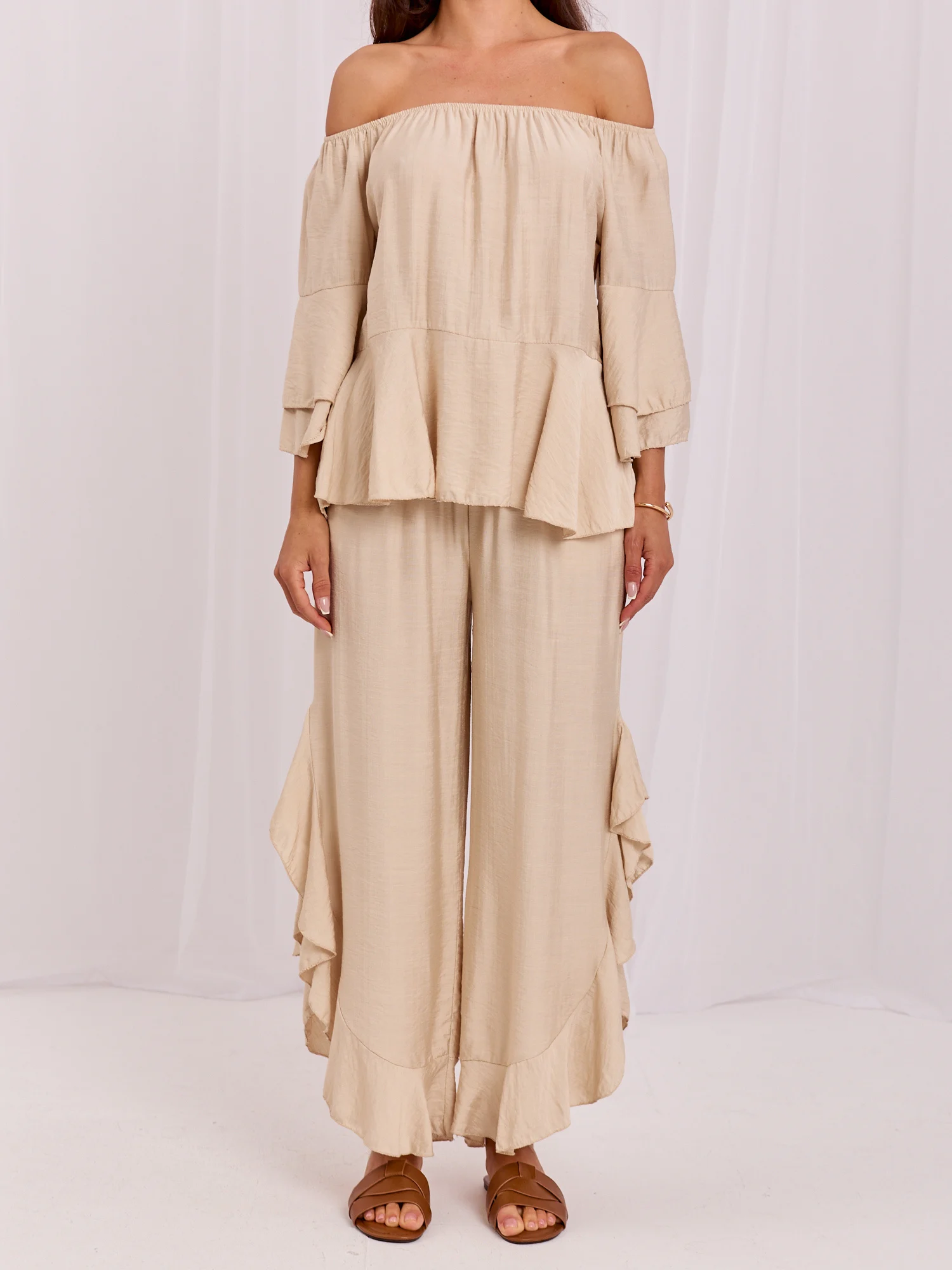 Compleu Dama Maneca 3/4, Guler inalt, RUE PARIS, Bej Eleganta Office - imagine 2