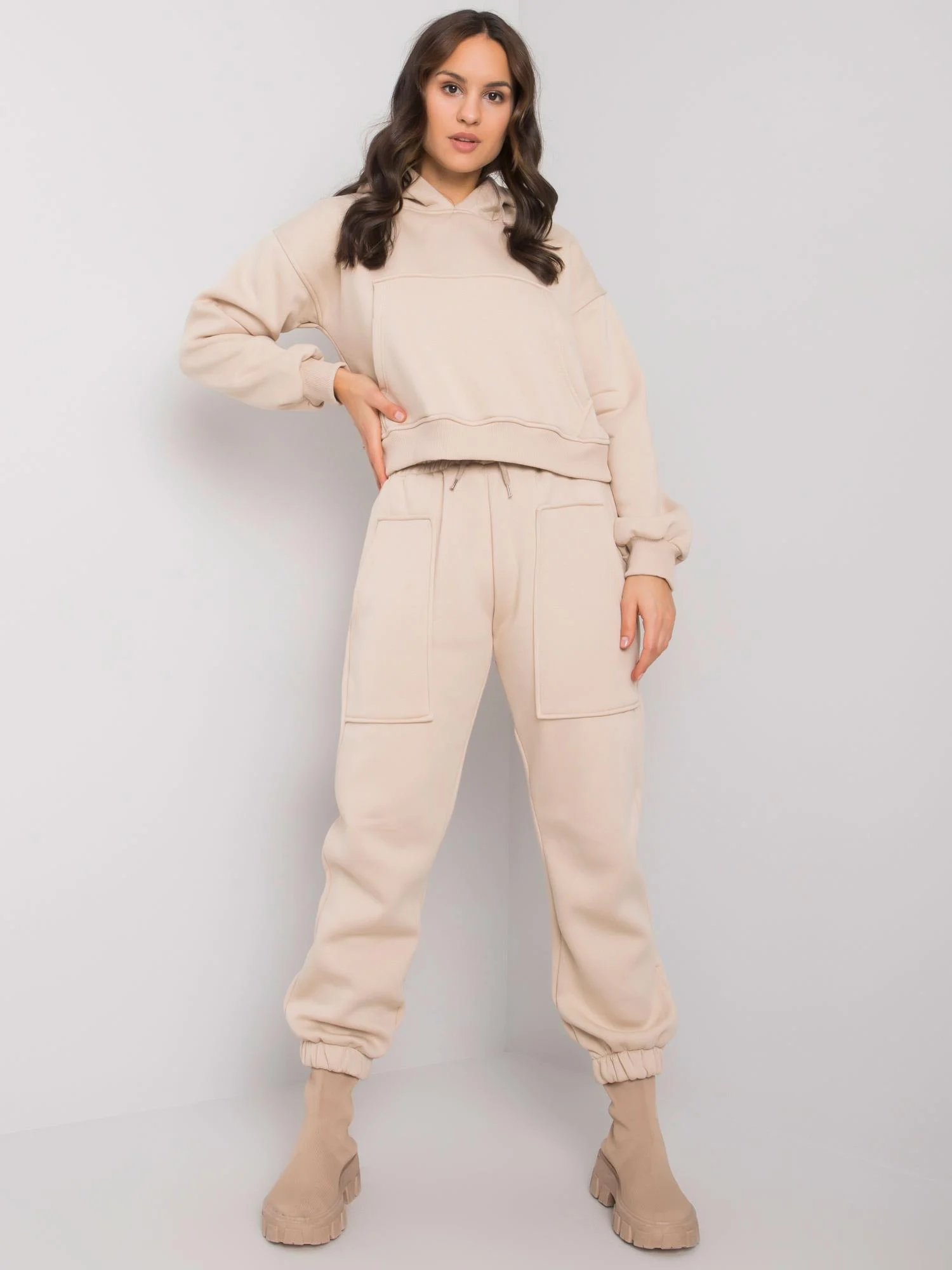 Compleu Dama Maneca lunga, Sport, ex moda, Bej Casual - imagine 2