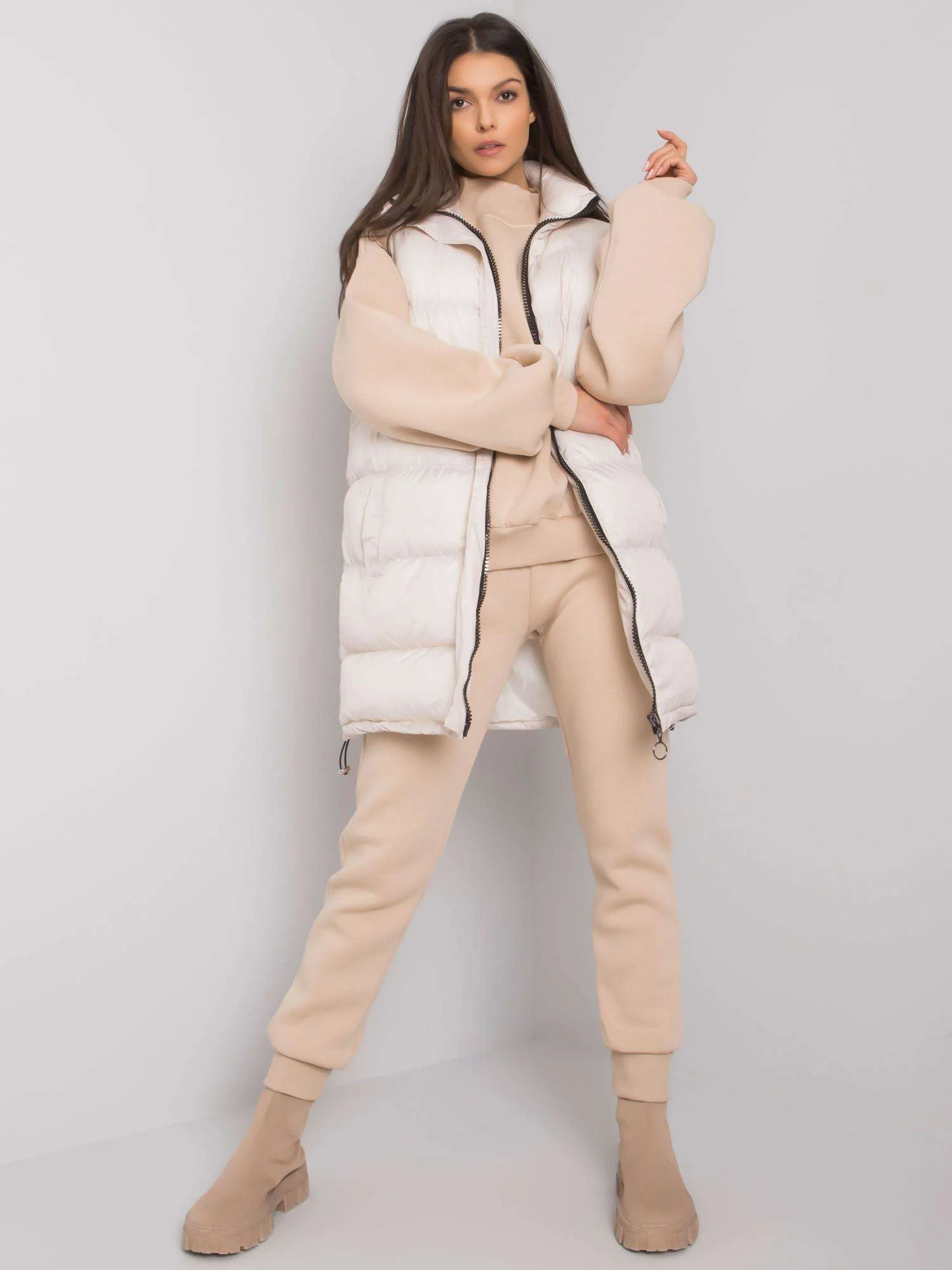 Compleu Dama Maneca lunga, Decolteu guler tunica, ex moda, Bej - imagine 5