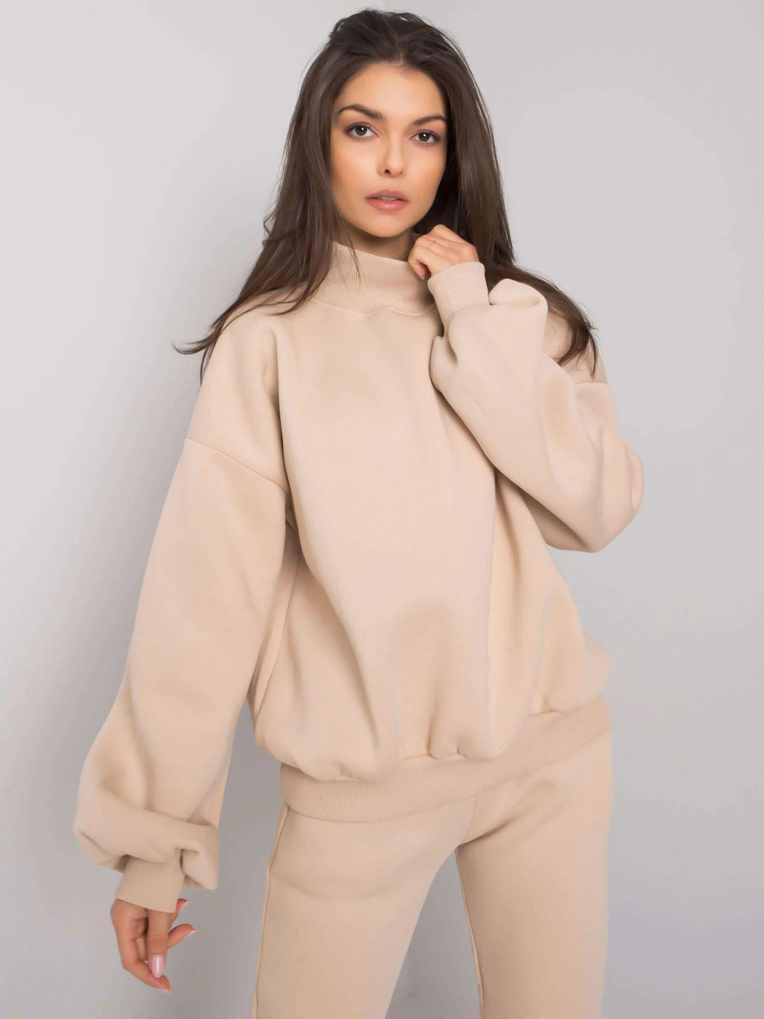 Compleu Dama Maneca lunga, Decolteu guler tunica, ex moda, Bej - imagine 2
