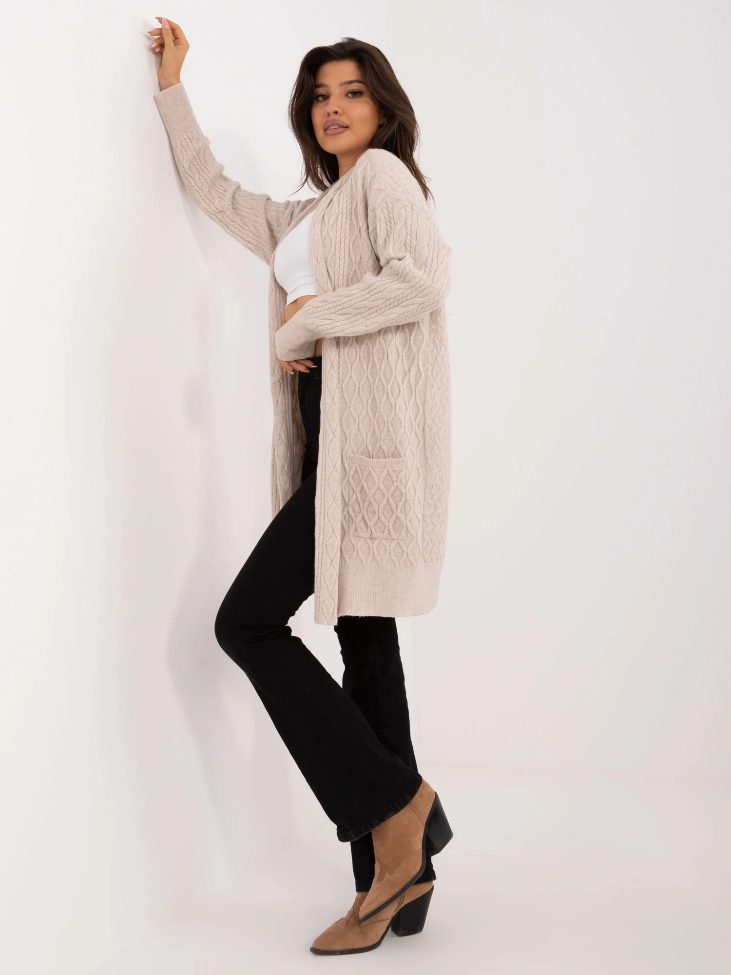 Cardigan Dama Maneca lunga, Guler inalt, Wool Fashion Italia, Bej Casual - imagine 2