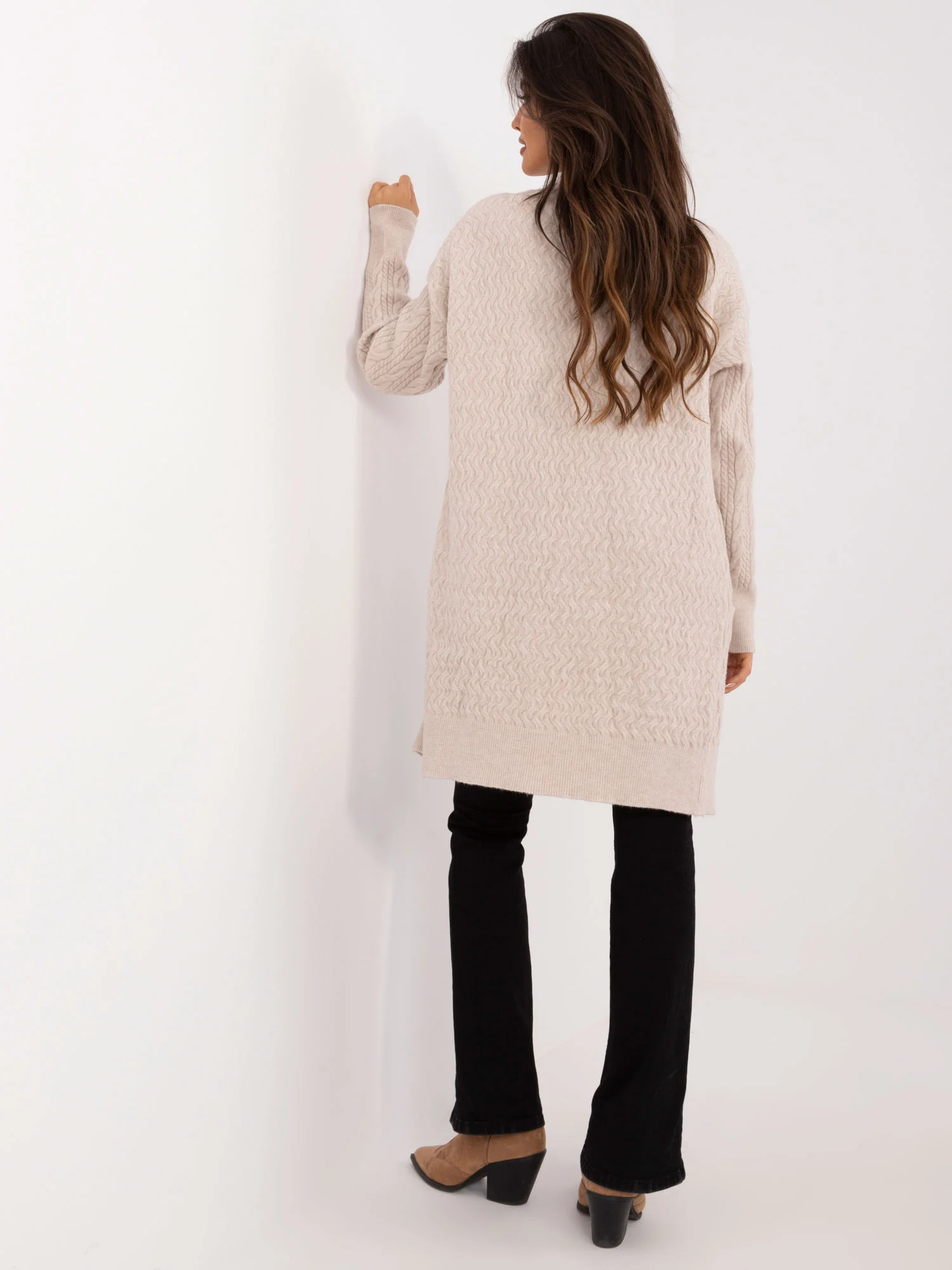 Cardigan Dama Maneca lunga, Guler inalt, Wool Fashion Italia, Bej Casual - imagine 5